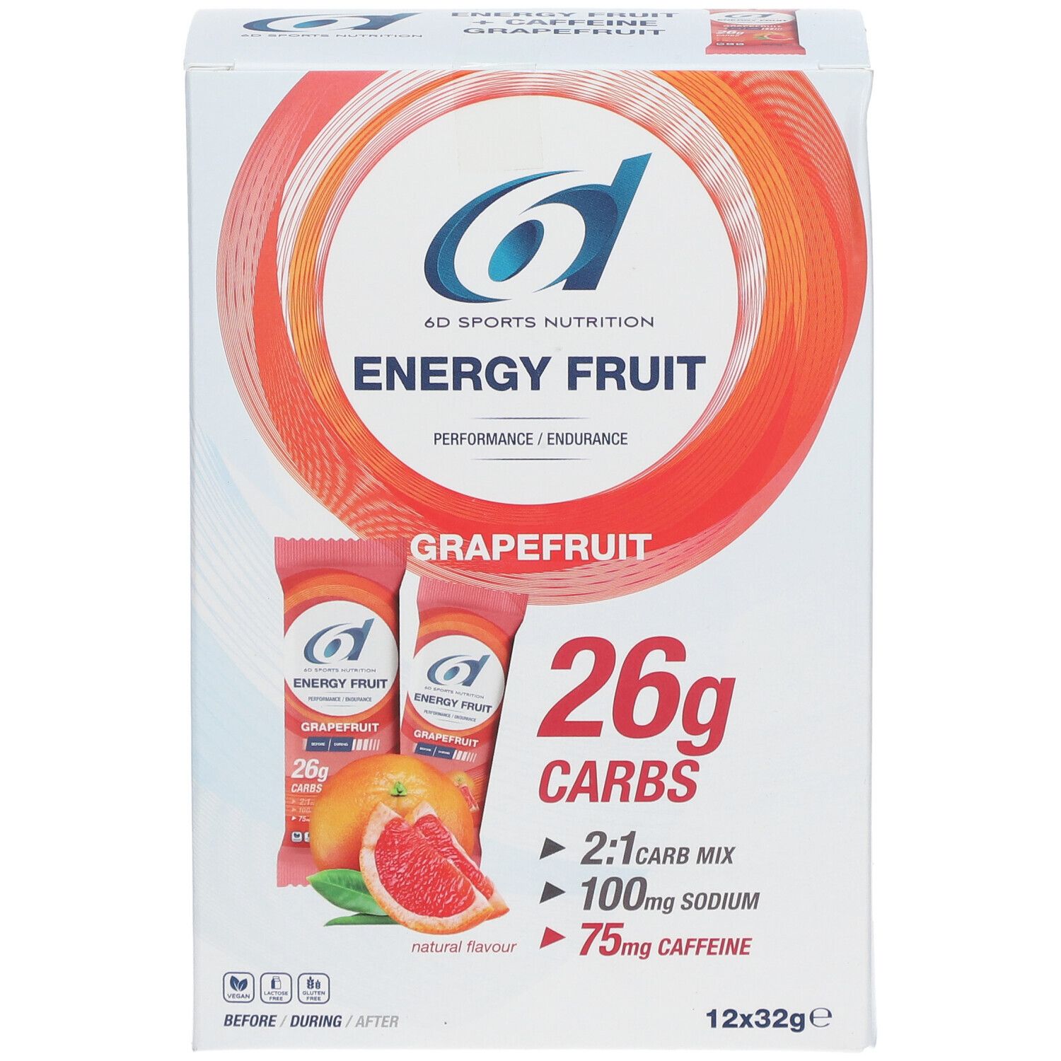 Boîte de 6D SPORTS NUTRITION Energy Fruit. 12 sachets. Inscription : 26g glucides, 100mg sodium, 75mg caféine.