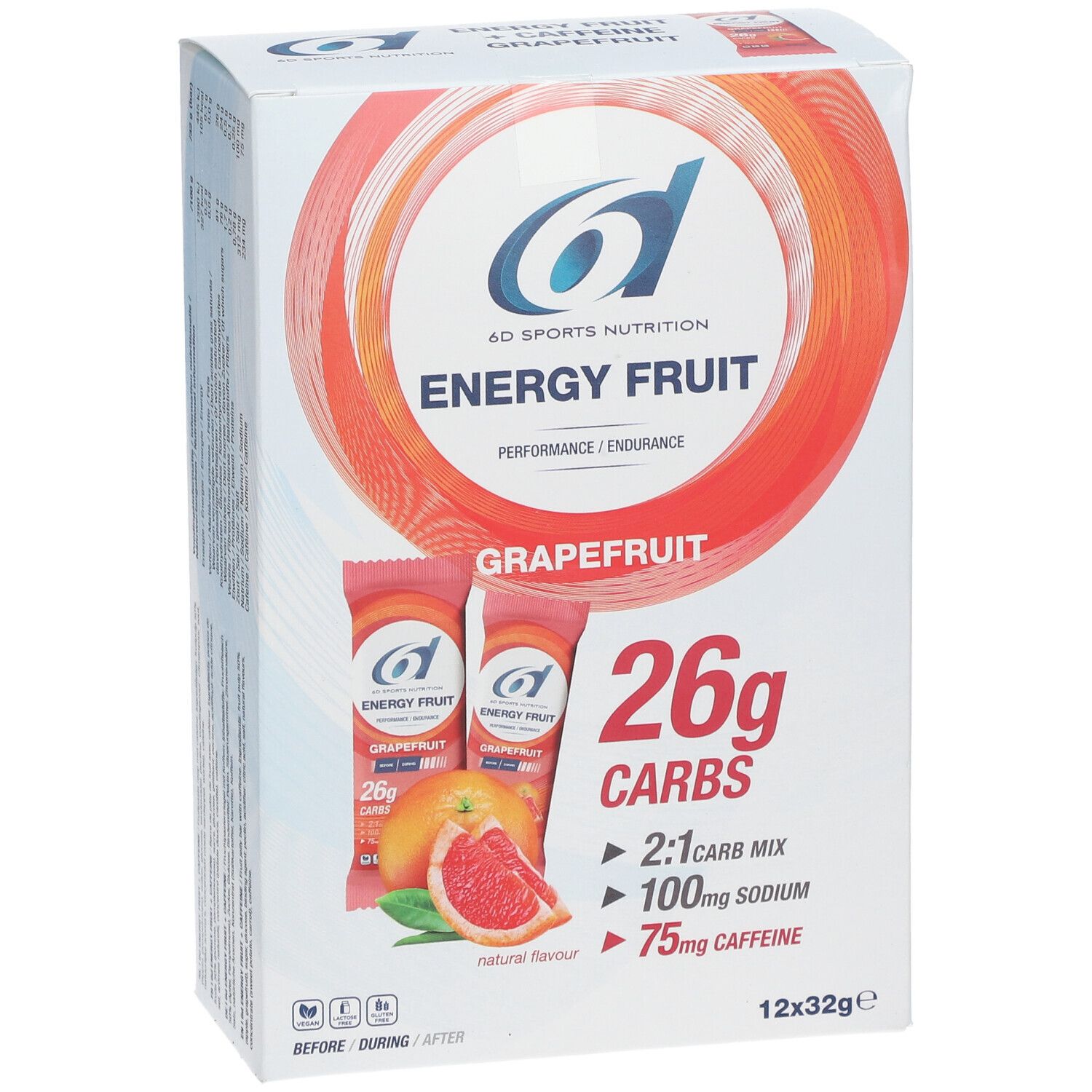 Boîte de 6D SPORTS NUTRITION Energy Fruit. 12 sachets. Inscription : 26g glucides, 100mg sodium, 75mg caféine.