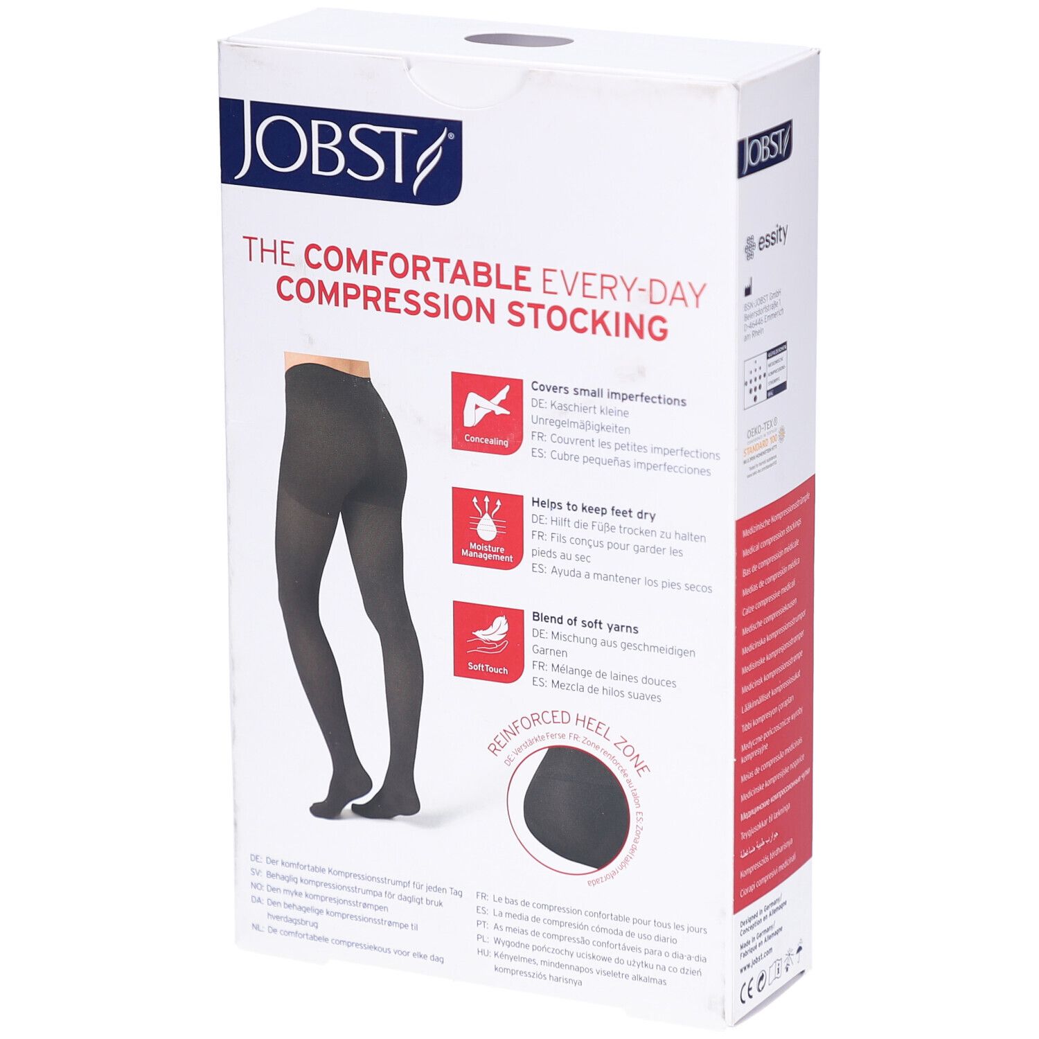 Verpackung von JOBST Opaque Kompressionsstrumpfhose. Produktabbildung: schwarze Strumpfhose. Aufdrucke: Marke, Produktname, Eigenschaften, verstärkte Ferse.
