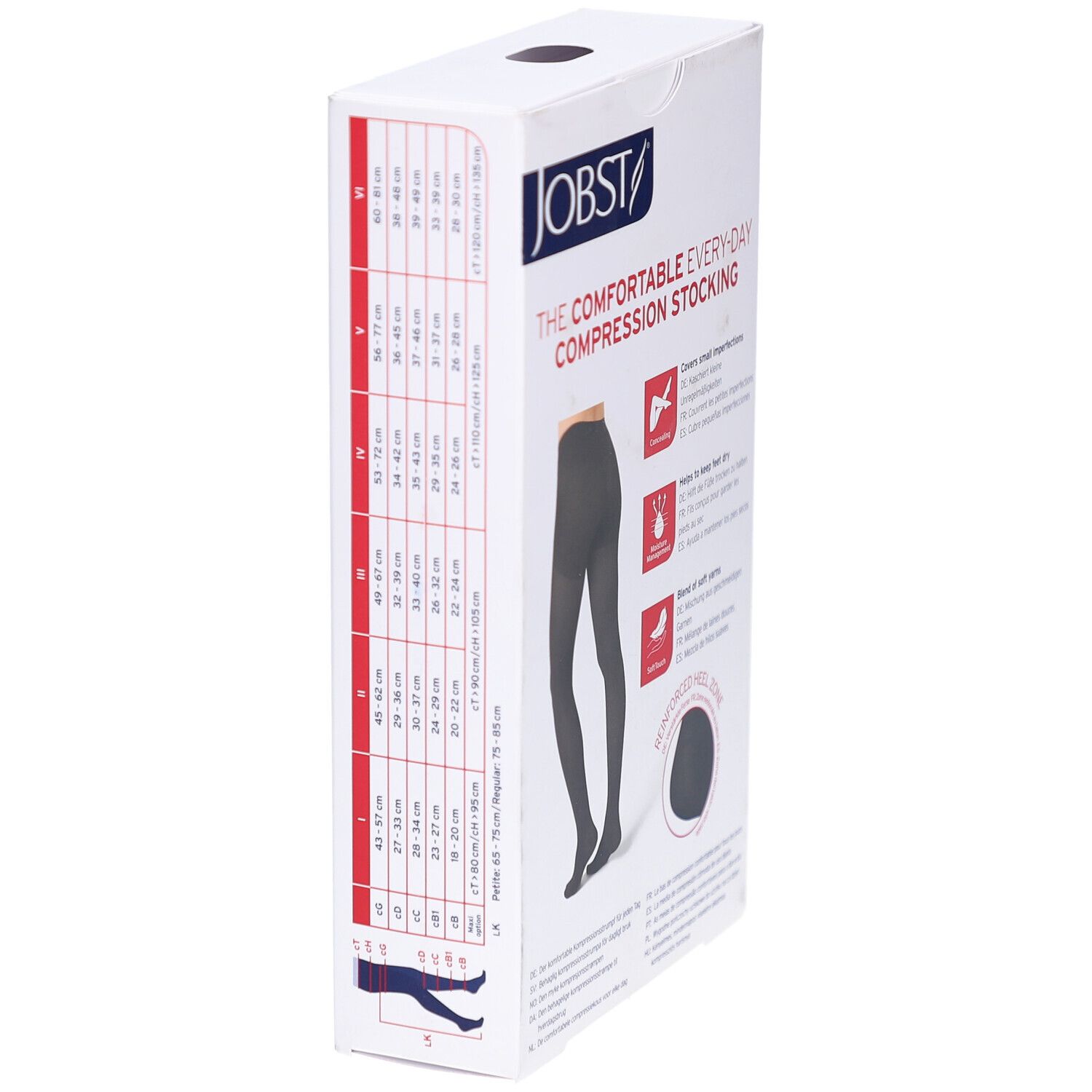 Verpackung von JOBST Opaque Kompressionsstrumpfhose. Seitenansicht. Größentabelle. Produktabbildung: schwarze Strumpfhose. Aufdrucke: Marke, Produktname.