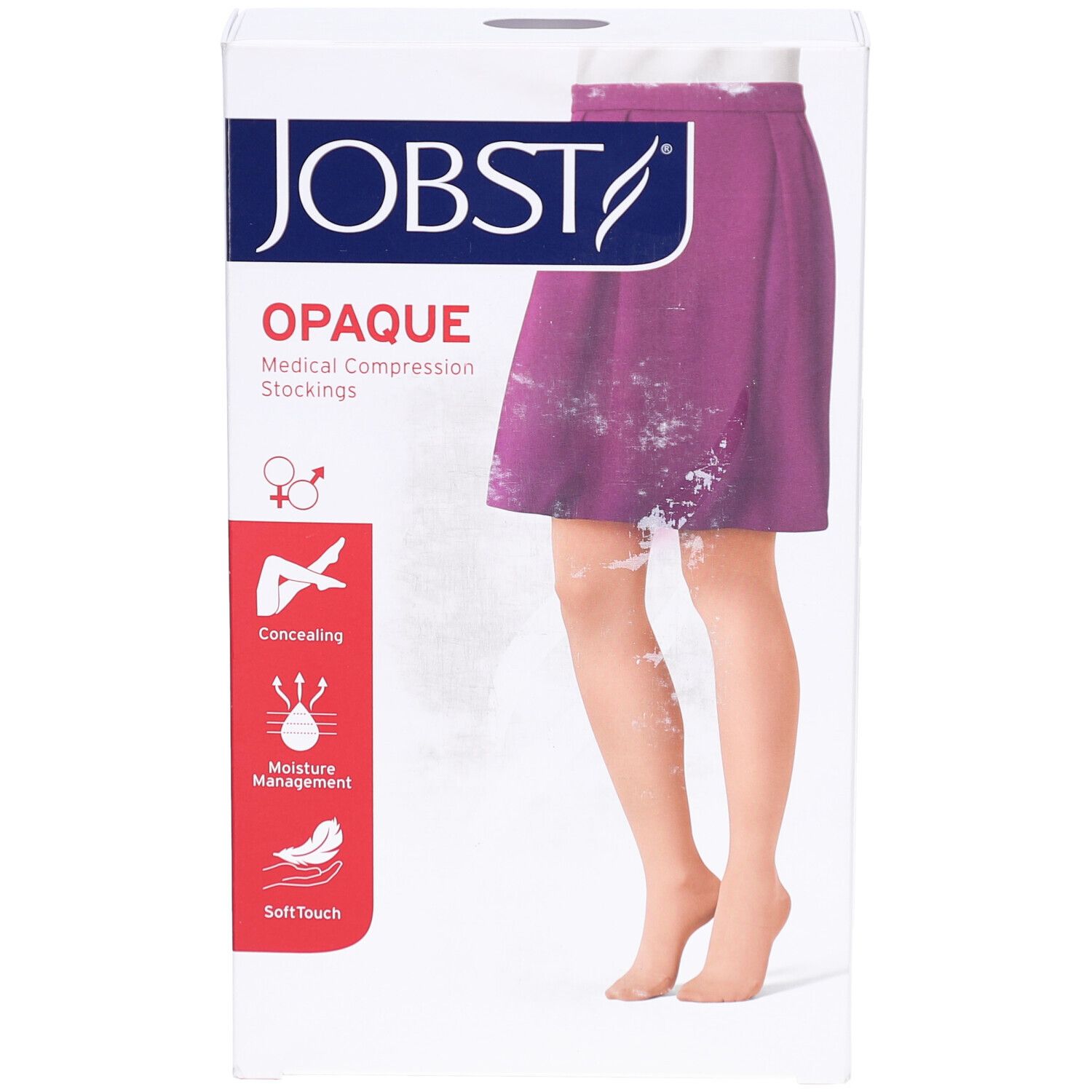 Verpackung mit JOBST Opaque Kompressions-Strumpfhose. Produktabbildung: Bein mit Strumpfhose, Farbe Beige. Aufdrucke: Marke, Produktname, Eigenschaften.