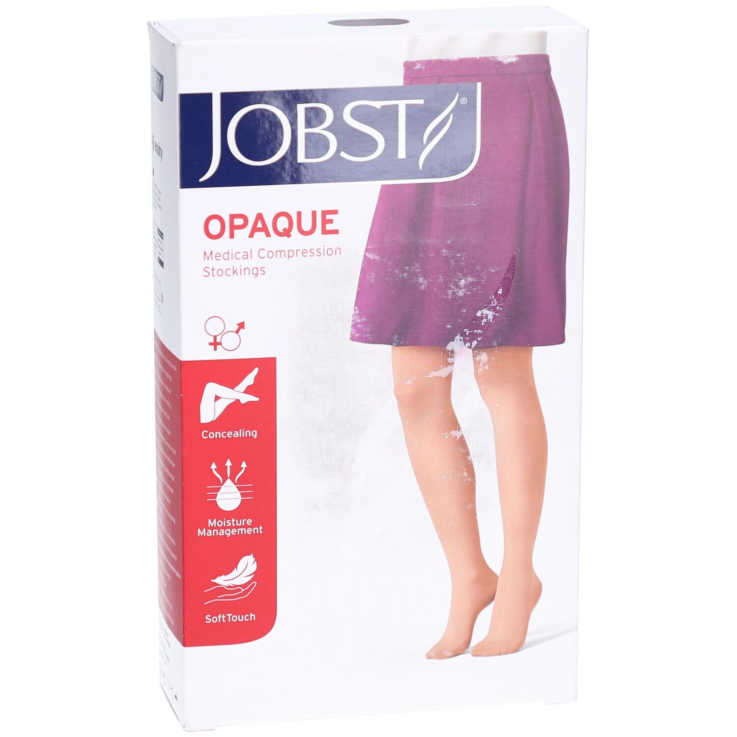 JOBST Opaque Kompressions-Strumpfhose Verpackung mit Abbildung einer Frau in heller Strumpfhose und Text zu Eigenschaften.
