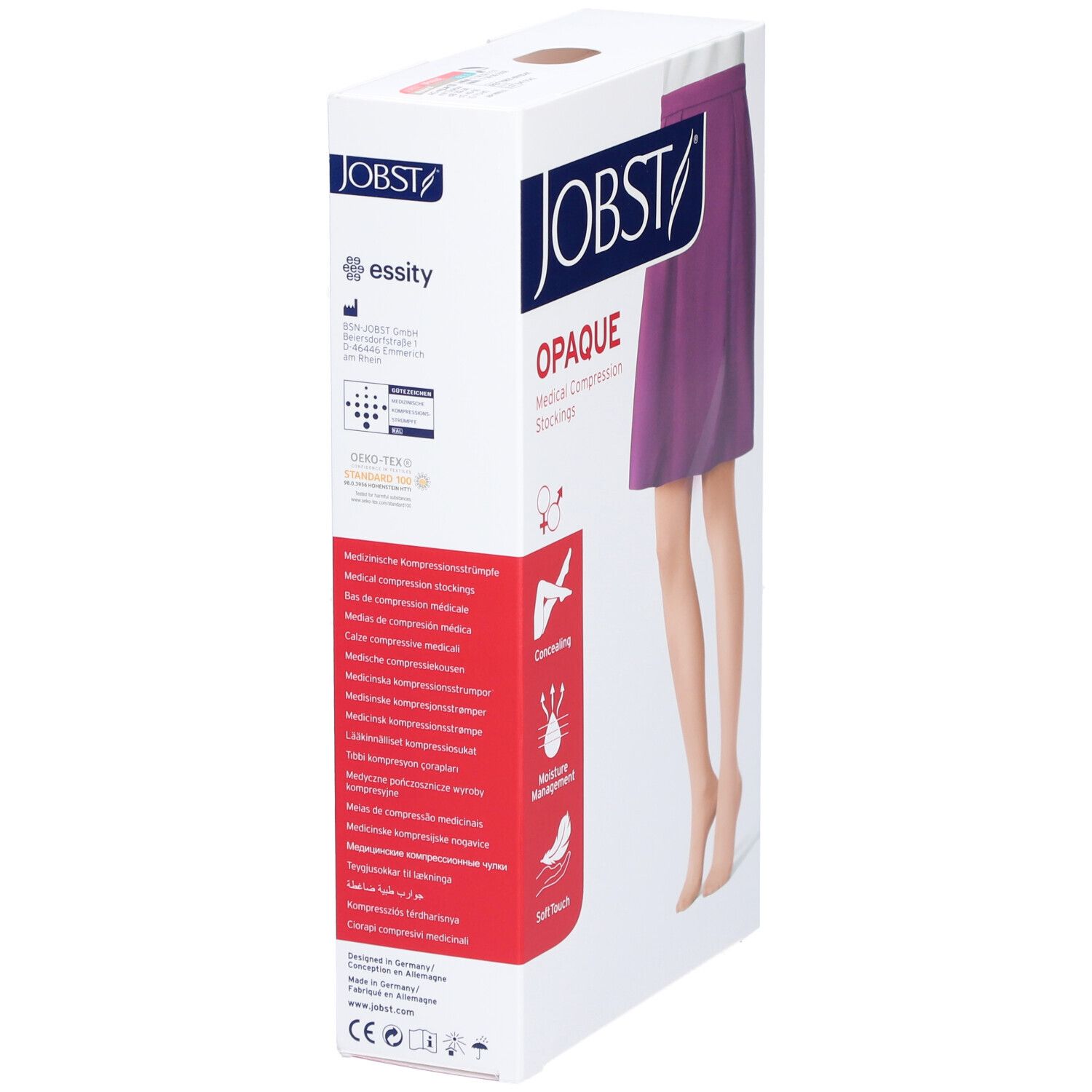 Verpackung JOBST Opaque medizinische Kompressionsstrümpfe. Zeigt Bein mit Strumpf. Text: Opaque, medizinische Kompressionsstrümpfe.