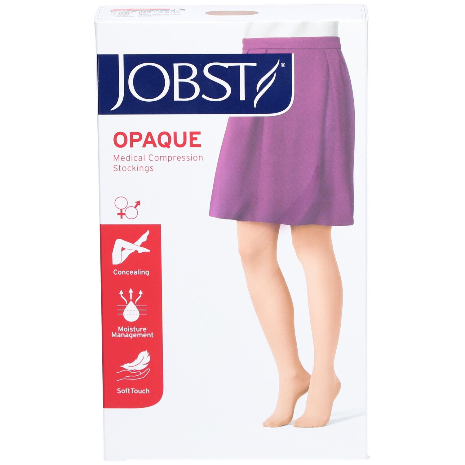 Verpackung JOBST Opaque medizinische Kompressionsstrümpfe. Zeigt Bein mit Strumpf. Text: Opaque, medizinische Kompressionsstrümpfe.