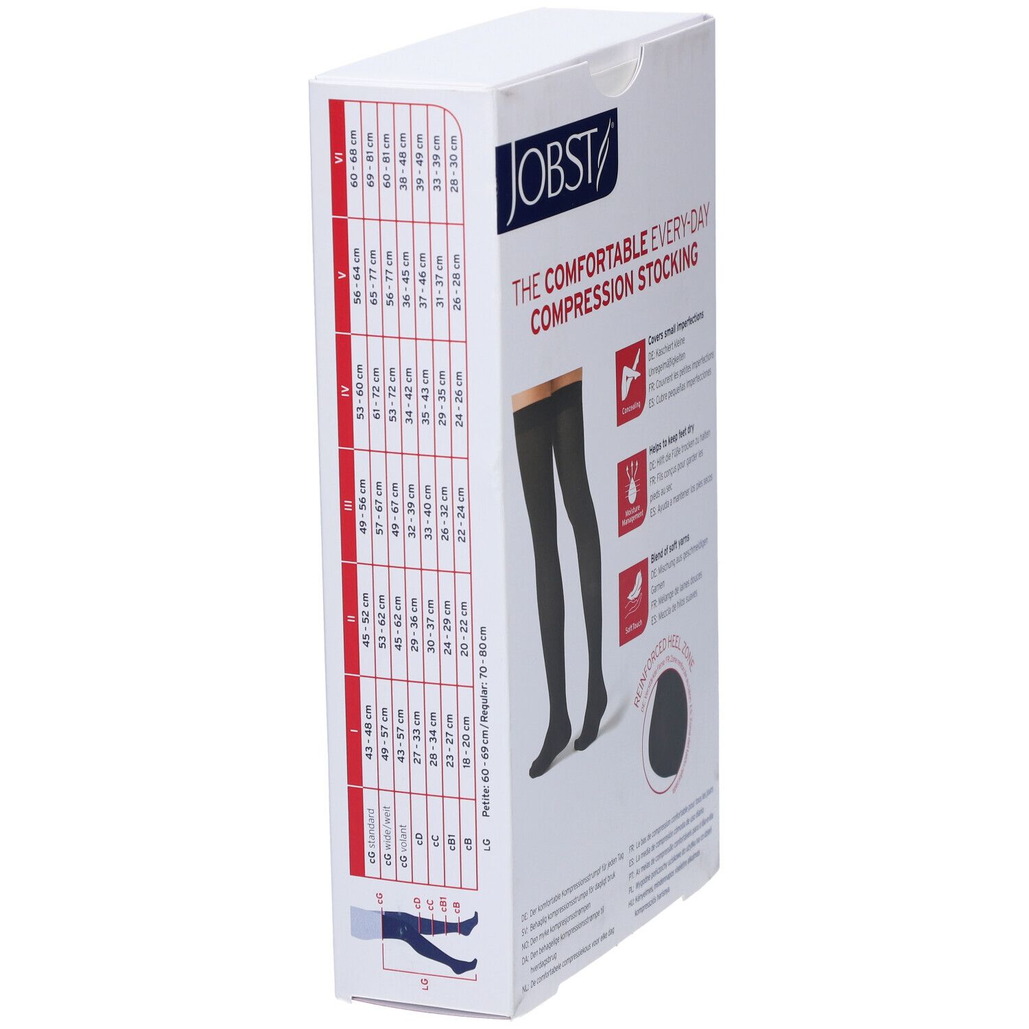 Verpackung mit medizinischen Kompressionsstrümpfen. Schwarze Strümpfe. Marke JOBST. Auf der Verpackung sind Größentabellen abgebildet.