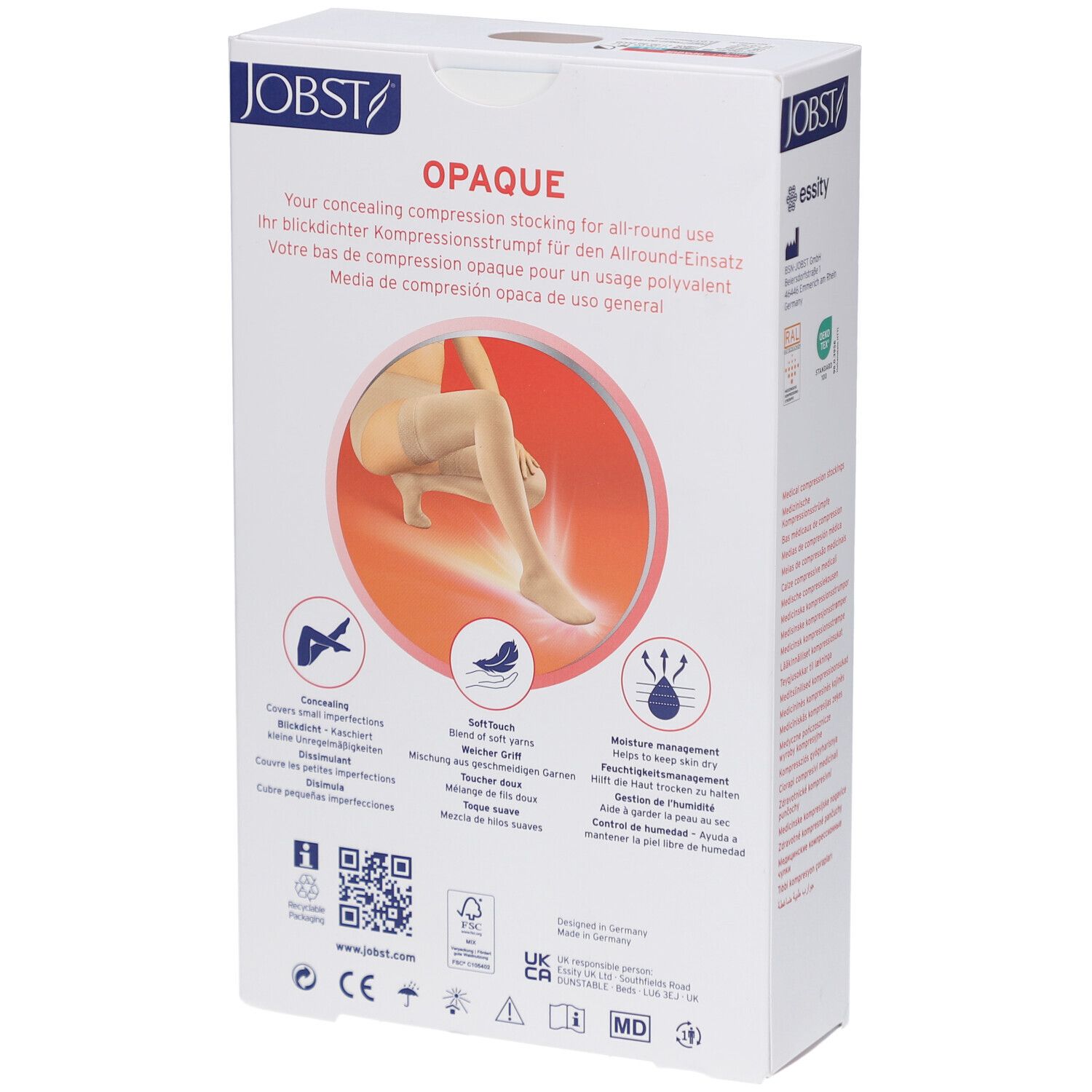 Rückseite der Verpackung JOBST Opaque. Aufdruck: Opaque, medizinische Kompressionsstrümpfe. Abbildungen: Eigenschaften, QR-Code, Zertifizierungen.