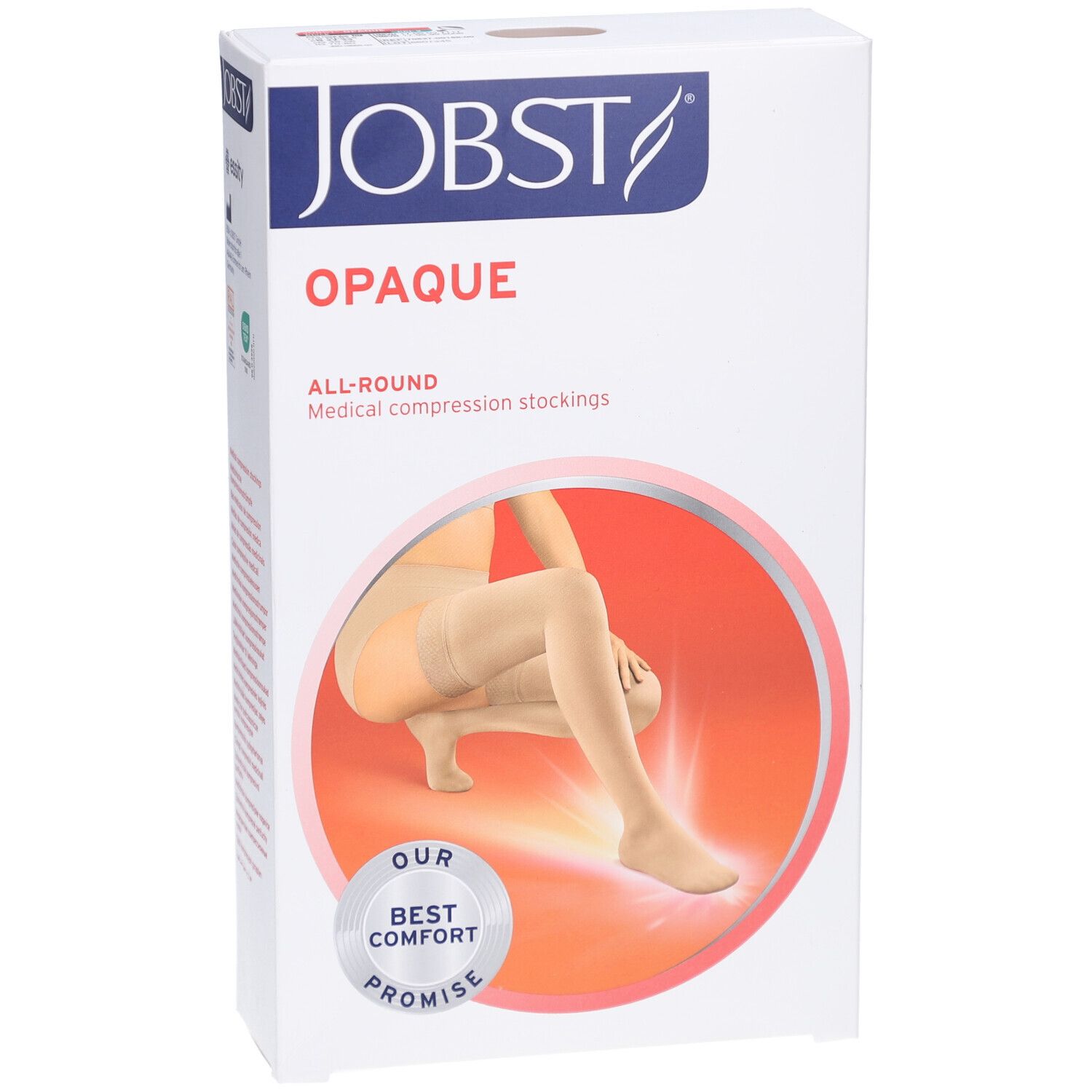 Verpackung JOBST Opaque Kompressions-Schenkelstrümpfe. Aufdruck: Opaque, medizinische Kompressionsstrümpfe. Abbildung: Bein mit Strumpf. Roter Kreis.