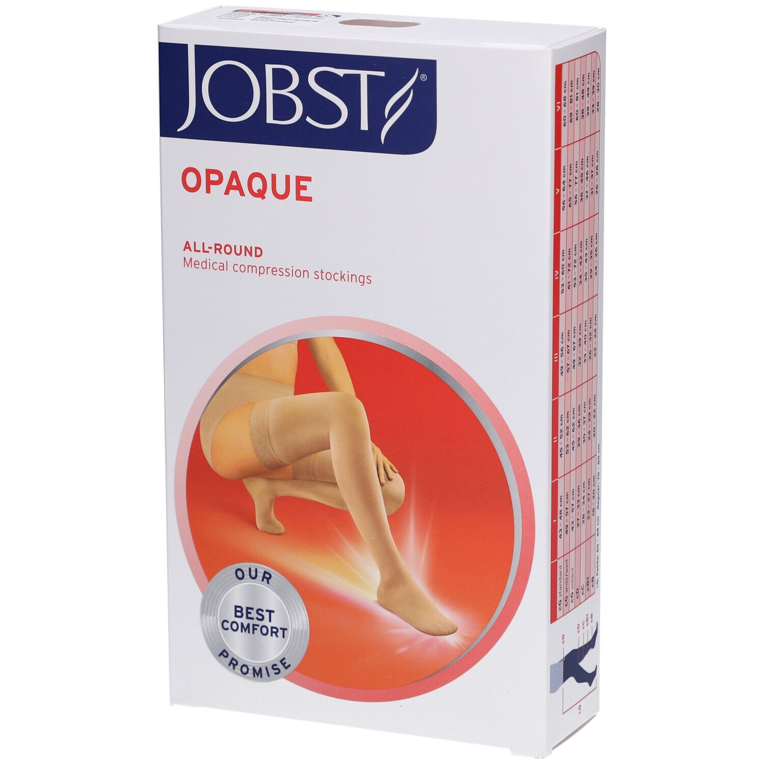 JOBST Opaque Kompressionsstrümpfe, Klasse 2, Regular L. Verpackung mit Produktabbildung. Aufdrucke: JOBST, OPAQUE, ALL-ROUND.