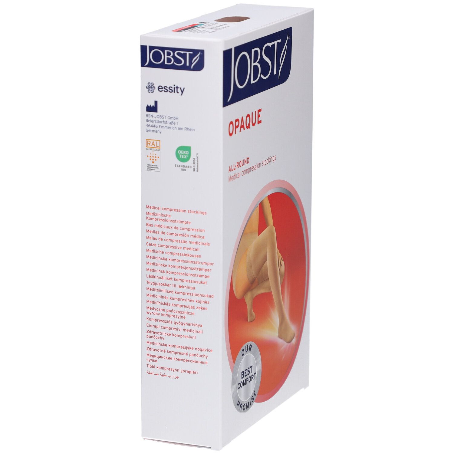 JOBST Opaque Kompressionsstrümpfe, Klasse 2, Regular L. Verpackung. Aufdrucke: JOBST, OPAQUE, ALL-ROUND, essity, Medizinprodukte.
