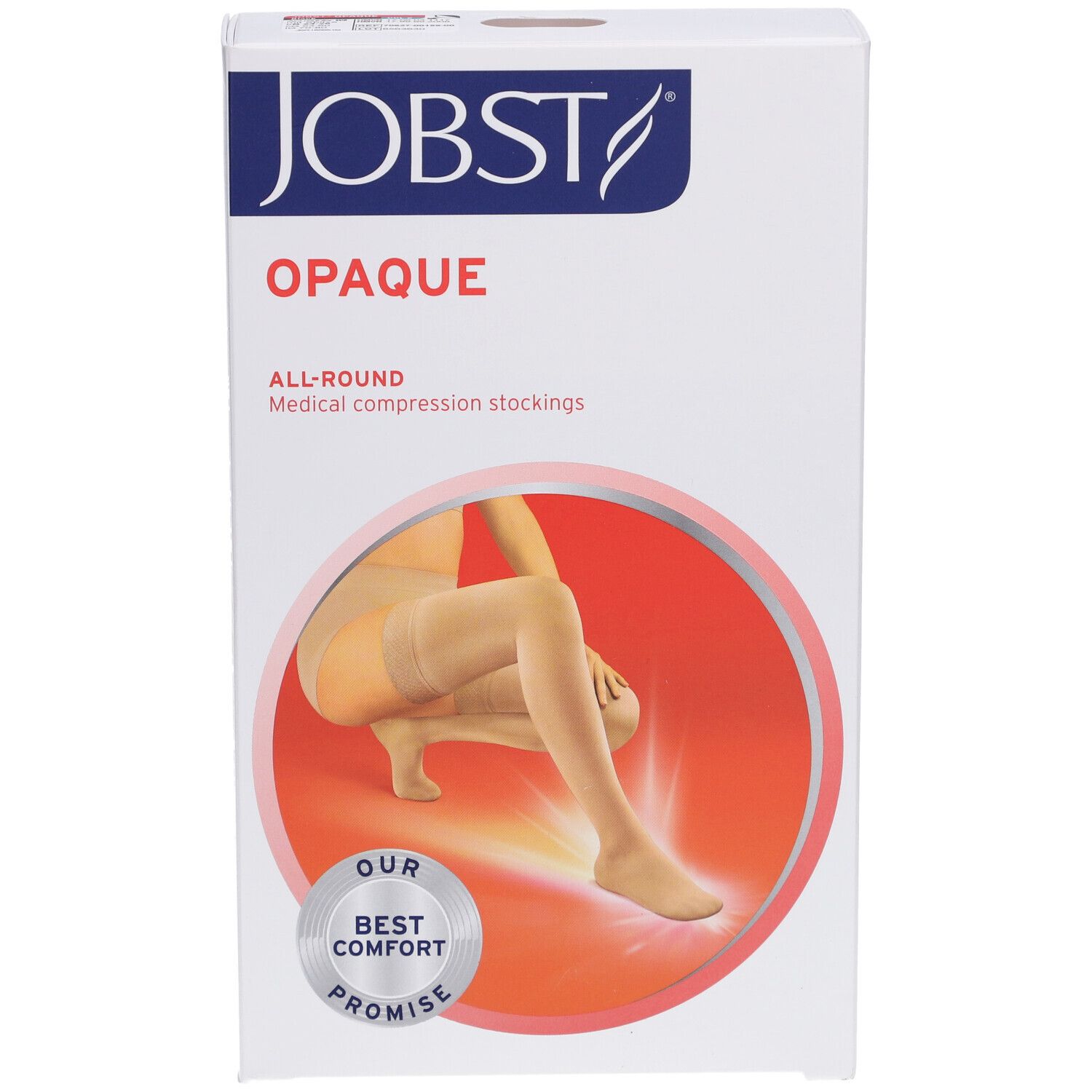 JOBST Opaque Kompressionsstrümpfe, Klasse 2, Regular L. Verpackung mit Produktabbildung. Aufdrucke: JOBST, OPAQUE, ALL-ROUND.