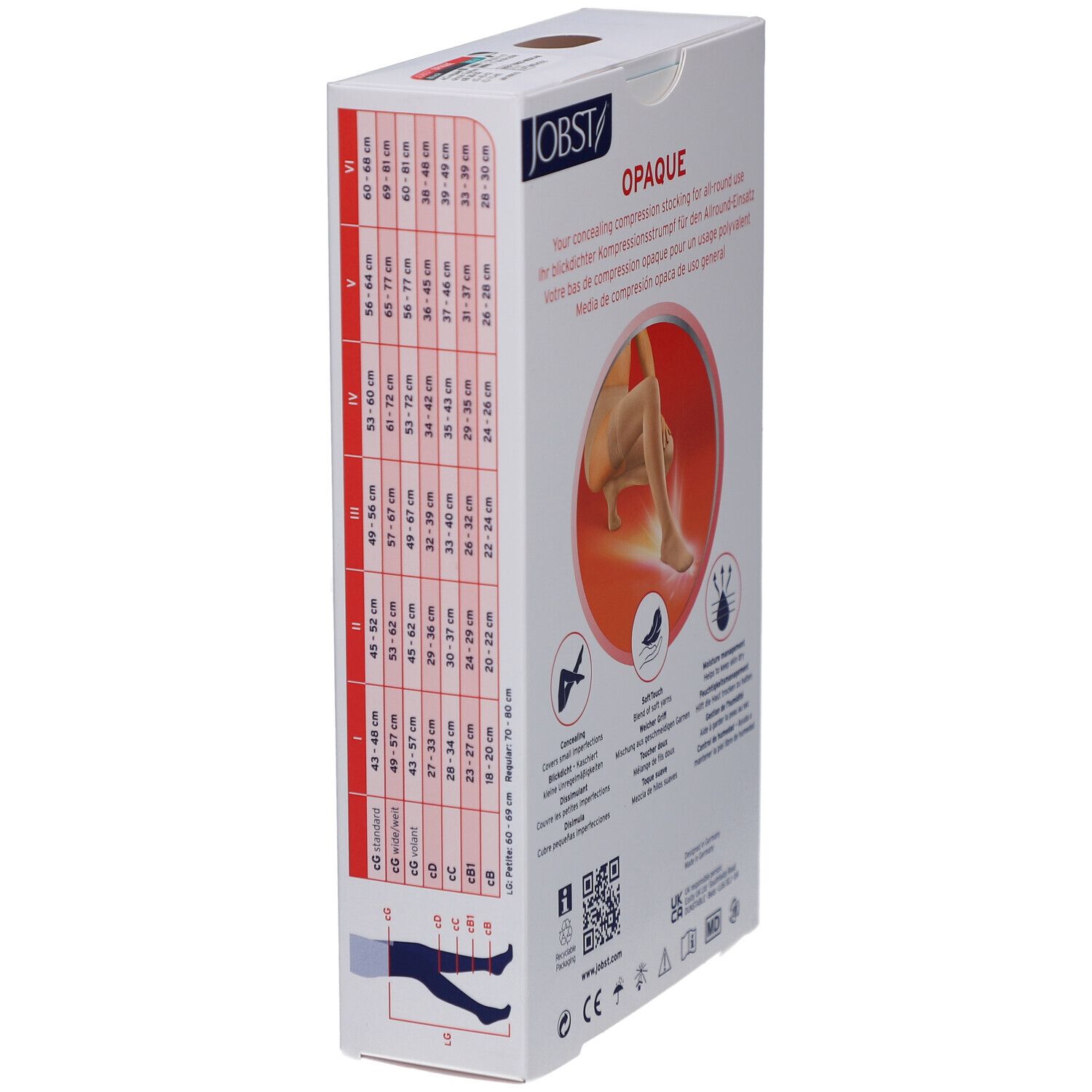 Seite der Verpackung von JOBST Opaque Kompressions-Schenkelstrümpfen. Größentabelle. Produktabbildung. Text in mehreren Sprachen.