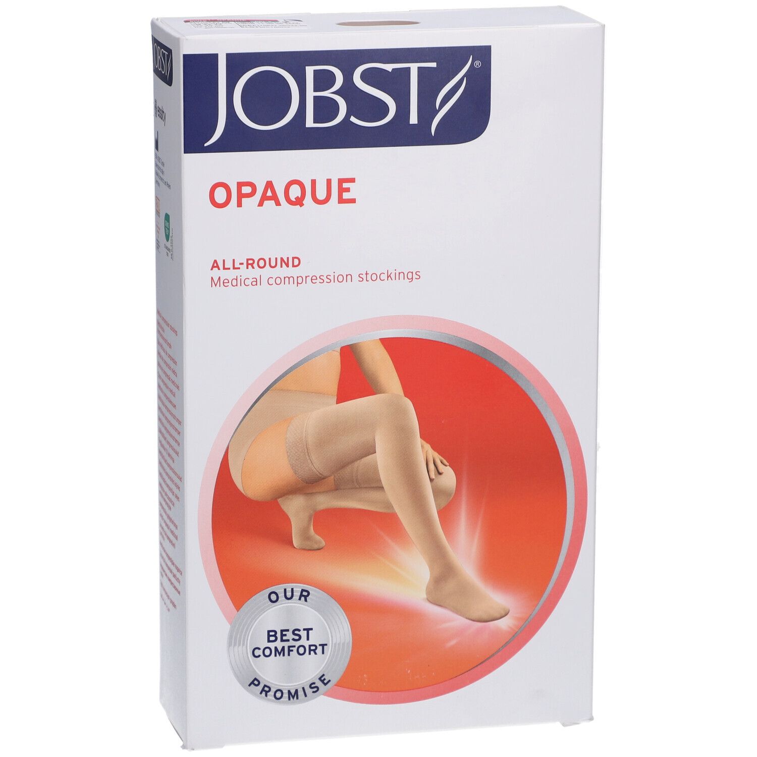 Verpackung JOBST Opaque Kompressionsstrümpfe. Weißer Karton mit Produktabbildung und Logo. Aufdruck: Opaque, All-Round.