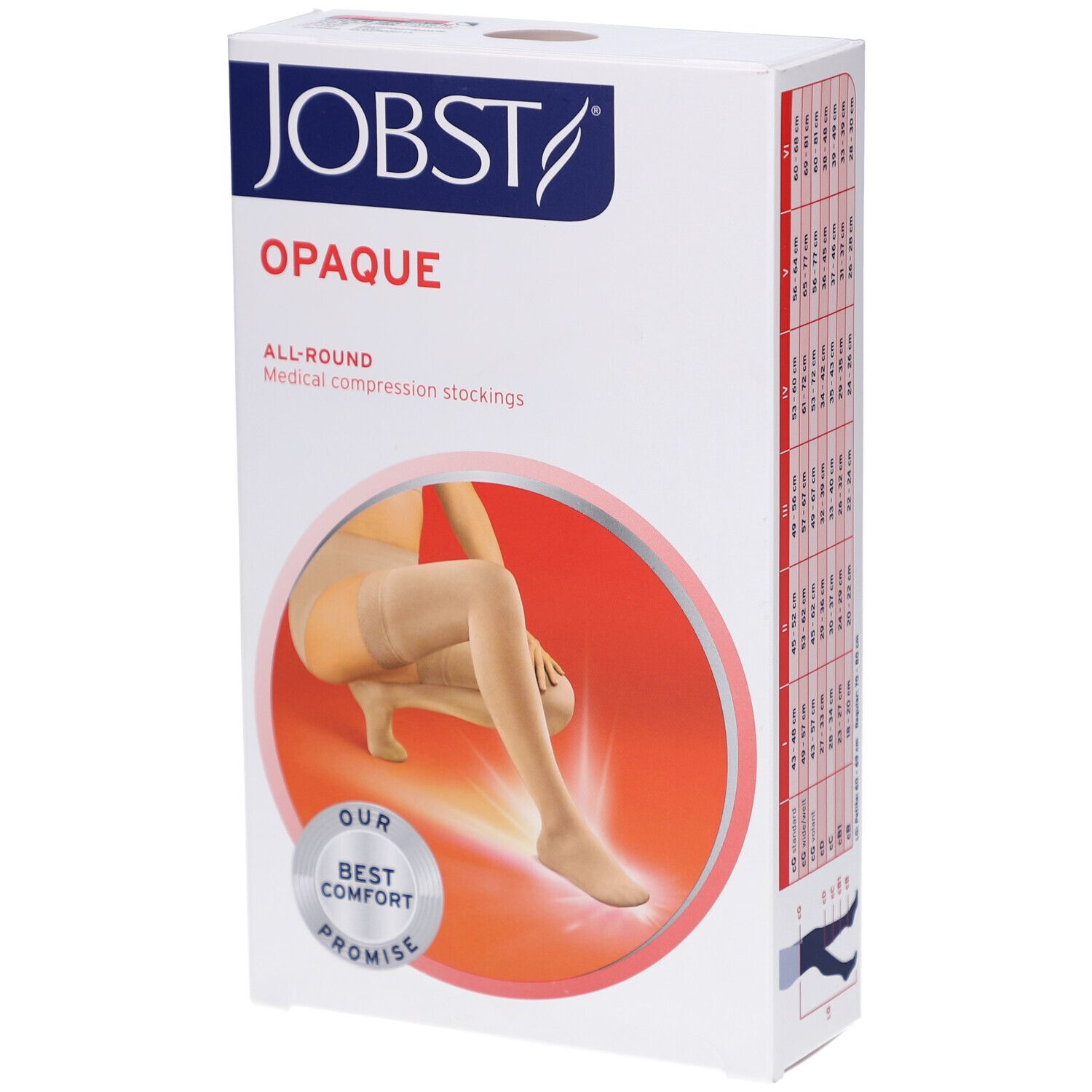 JOBST Opaque Kompressions-Schenkelstrümpfe. Verpackung mit Produktabbildung. Beige Strümpfe, roter Kreis, Schriftzug.