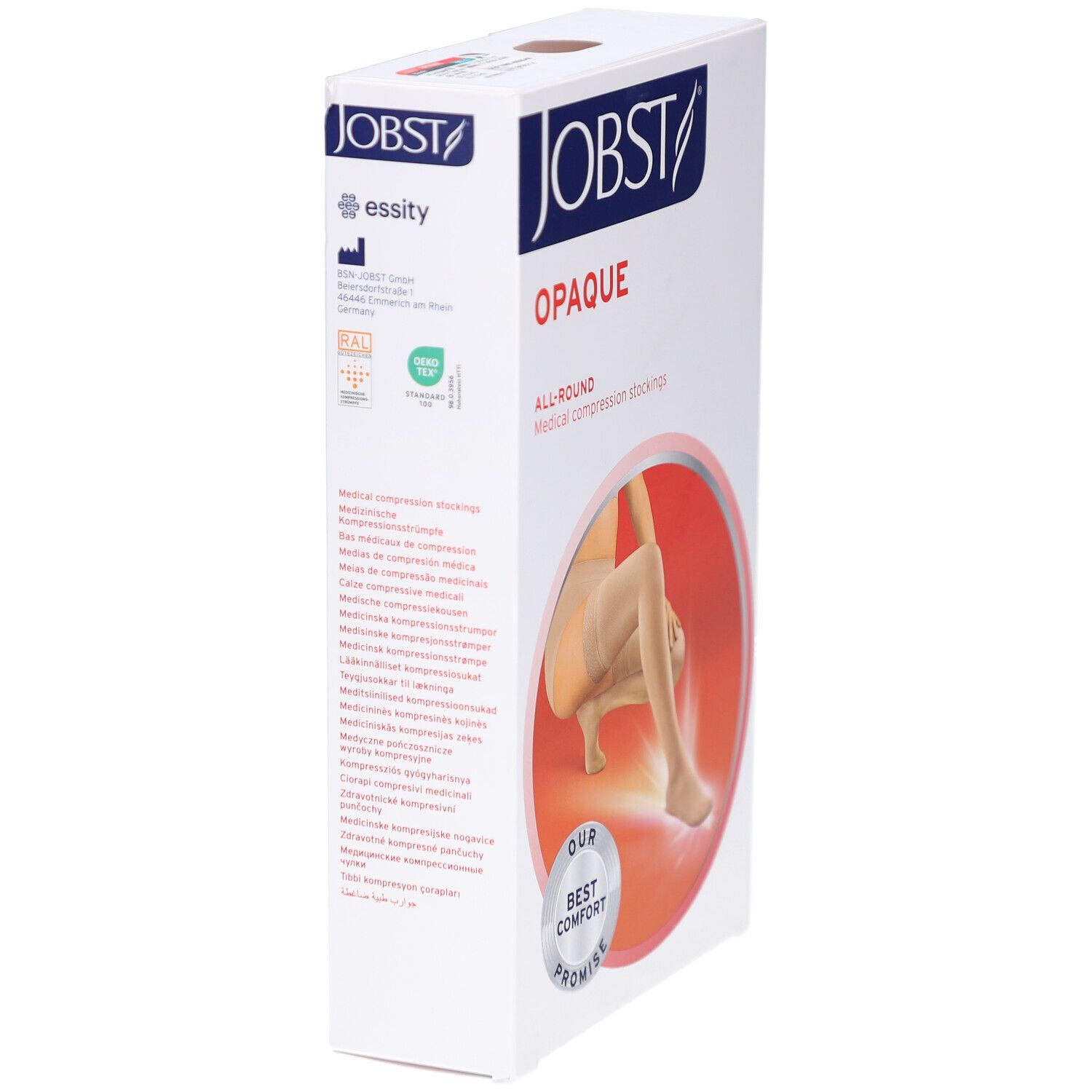 JOBST Opaque Kompressions-Schenkelstrümpfe. Verpackung, Seitenansicht. Logo, Text, Zertifizierungen, Produktabbildung.
