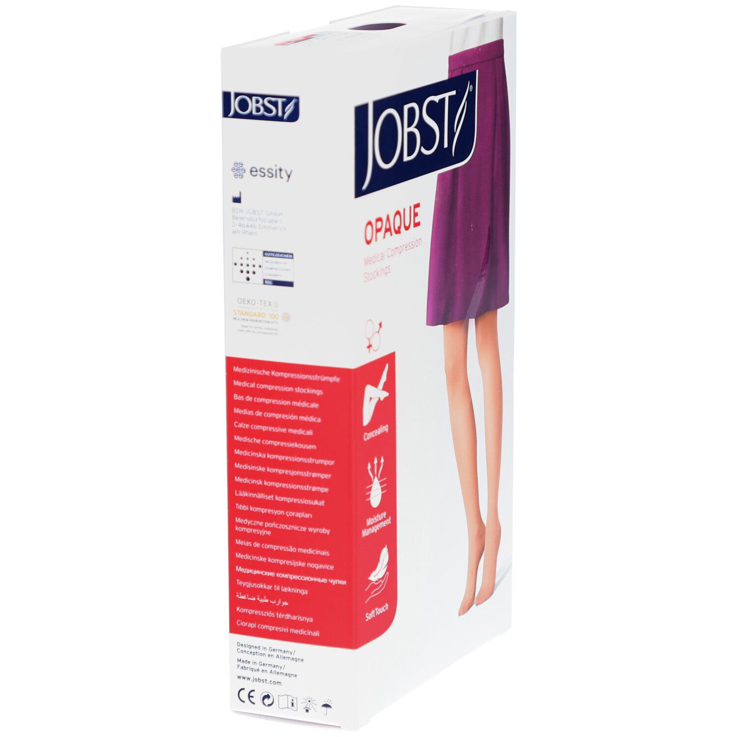 Emballage de bas de compression JOBST Opaque. Affiche des informations sur le produit et des certifications.