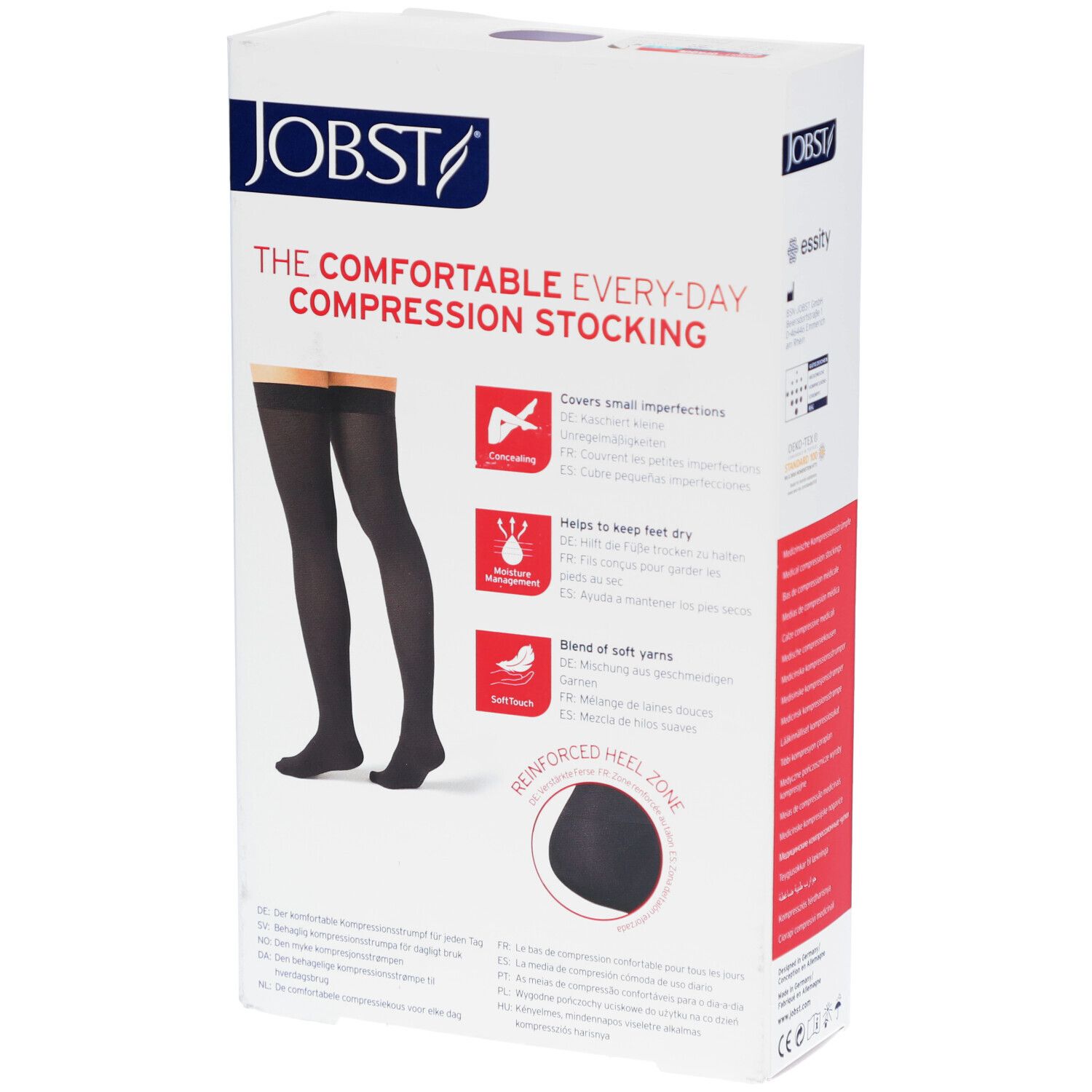 Dos de l'emballage des bas de compression JOBST. Affiche les caractéristiques du produit et une jambe avec bas.