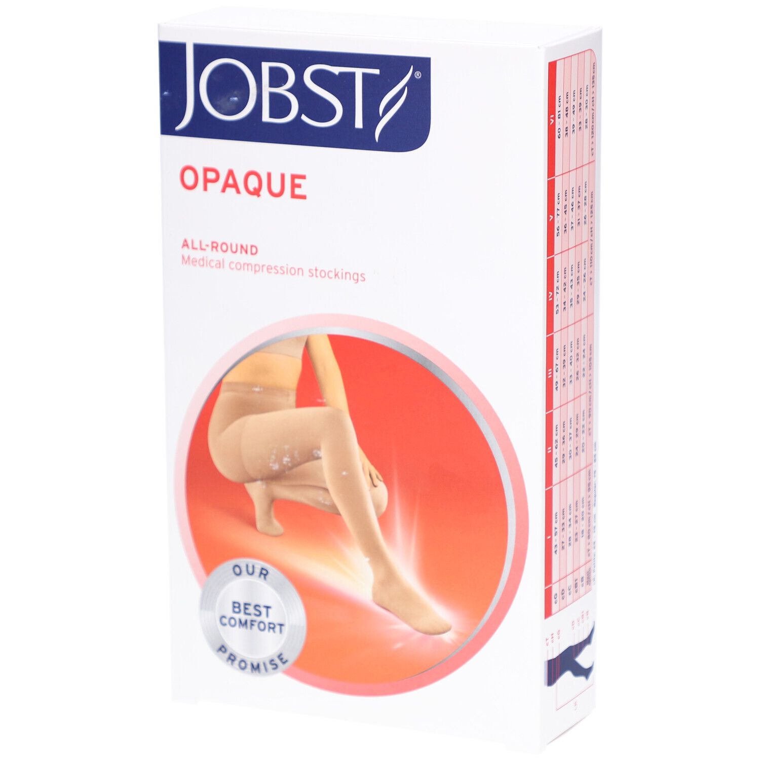 Verpackung JOBST Opaque Kompressionsstrümpfe. Beige Strümpfe werden im roten Kreis gezeigt. Text: Opaque, All-Round, Medical compression stockings.