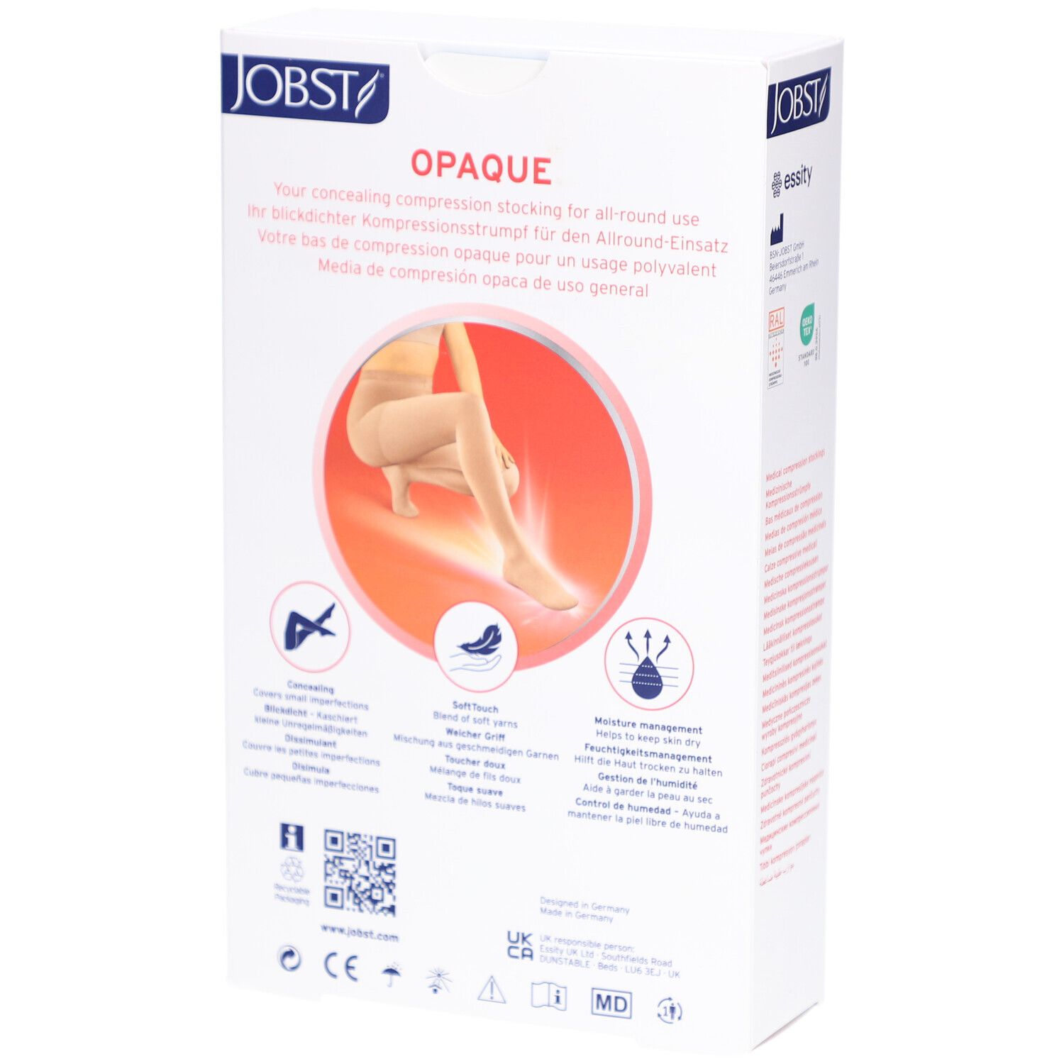 Rückseite der Verpackung JOBST Opaque Kompressionsstrümpfe. Text: Opaque, All-Round. Illustrationen. Informationen zur Feuchtigkeitsregulierung.