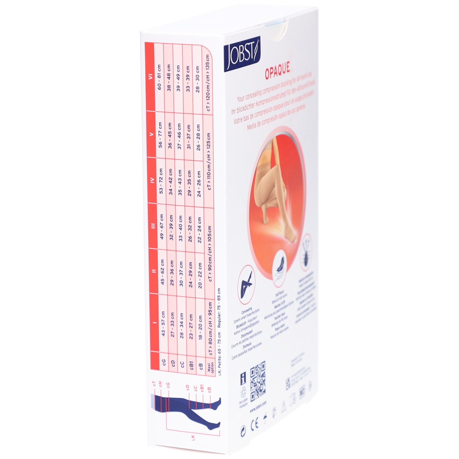 Seite der Verpackung JOBST Opaque Kompressionsstrümpfe. Größentabelle. Text: Opaque, All-Round. Illustrationen.