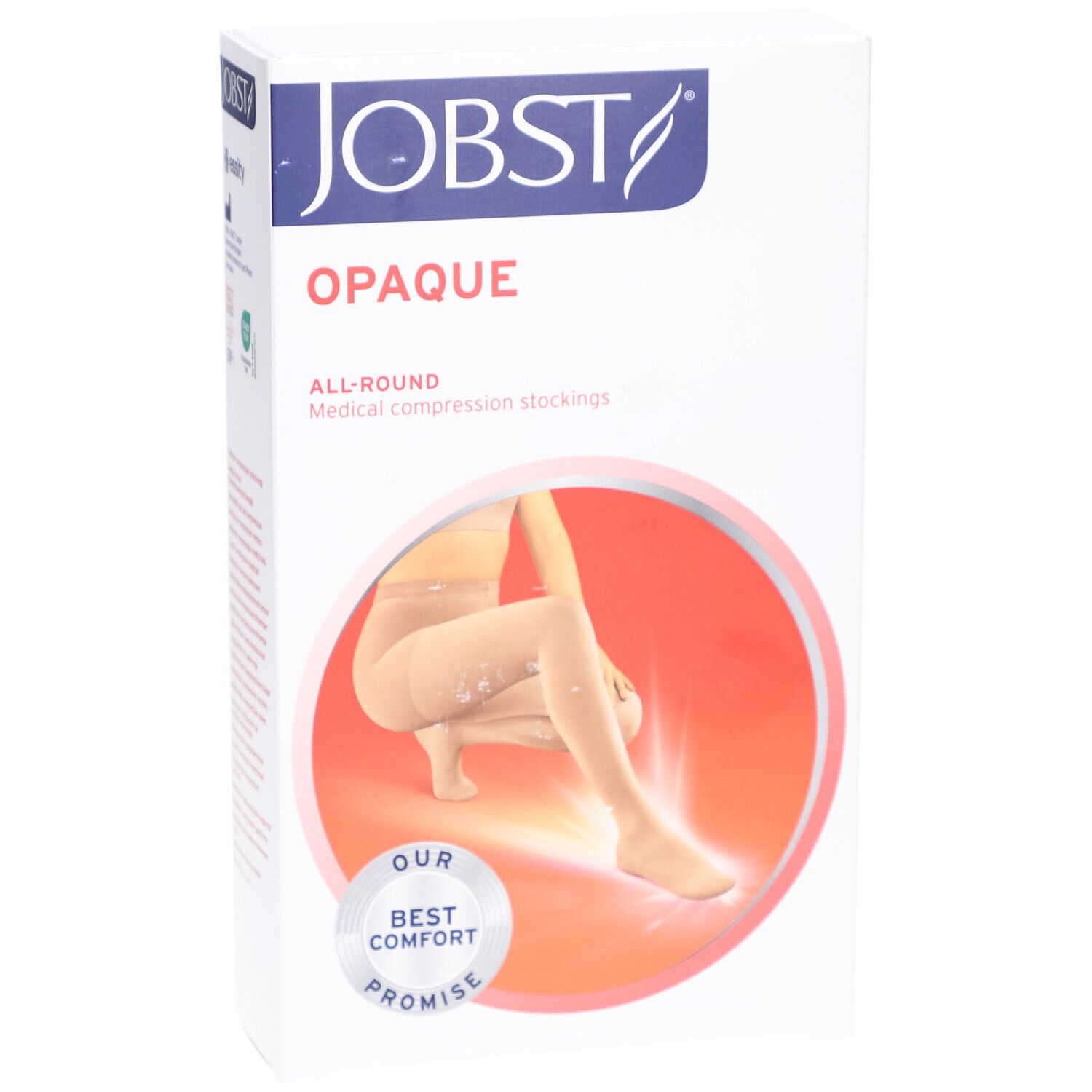 Verpackung JOBST Opaque Kompressionsstrümpfe. Beige Strümpfe werden im roten Kreis gezeigt. Text: Opaque, All-Round, Medical compression stockings.