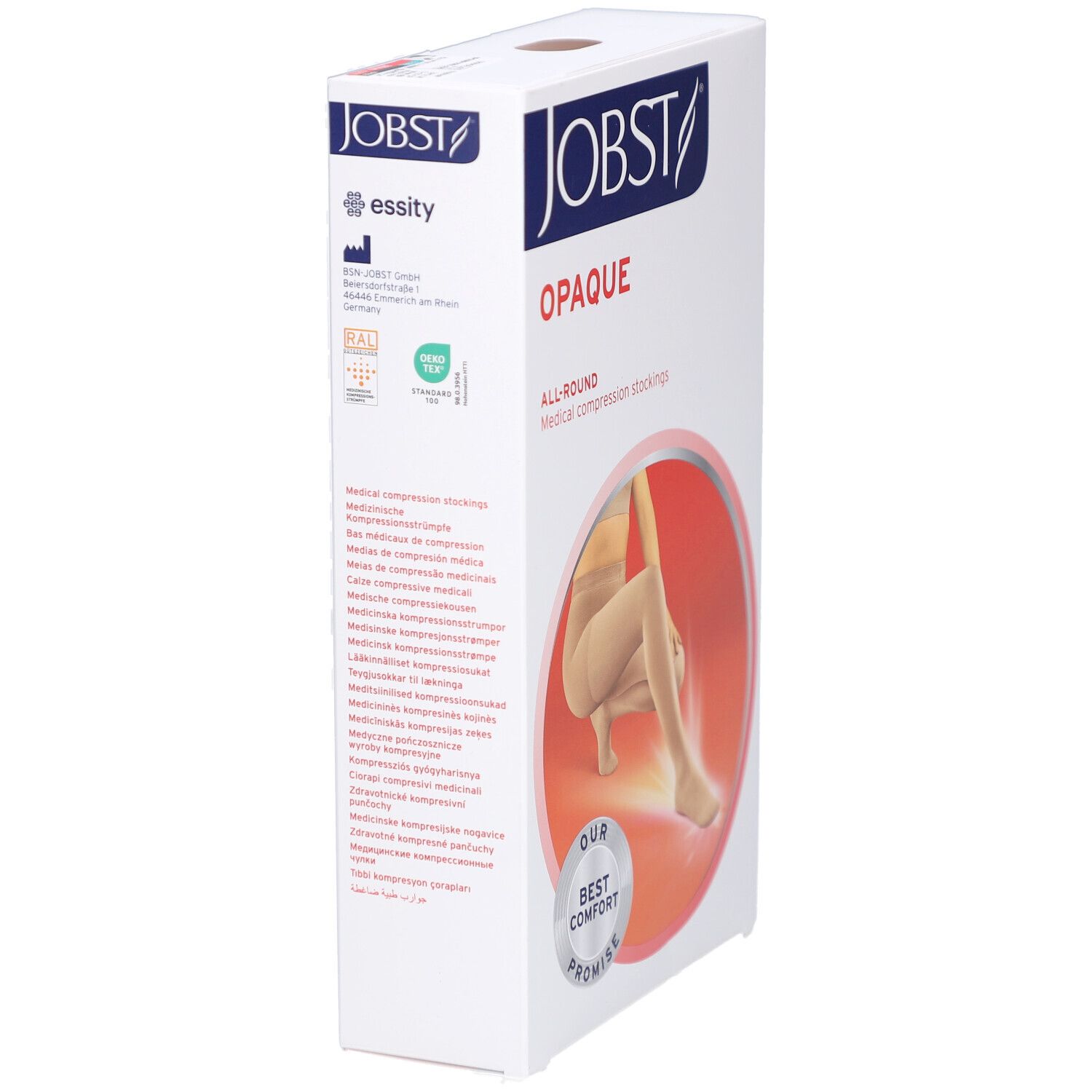 Verpackung von JOBST Opaque Kompressionsstrumpfhose. Weißer Karton mit Produktabbildung und Logo. Text: Opaque, All-Round, essity.