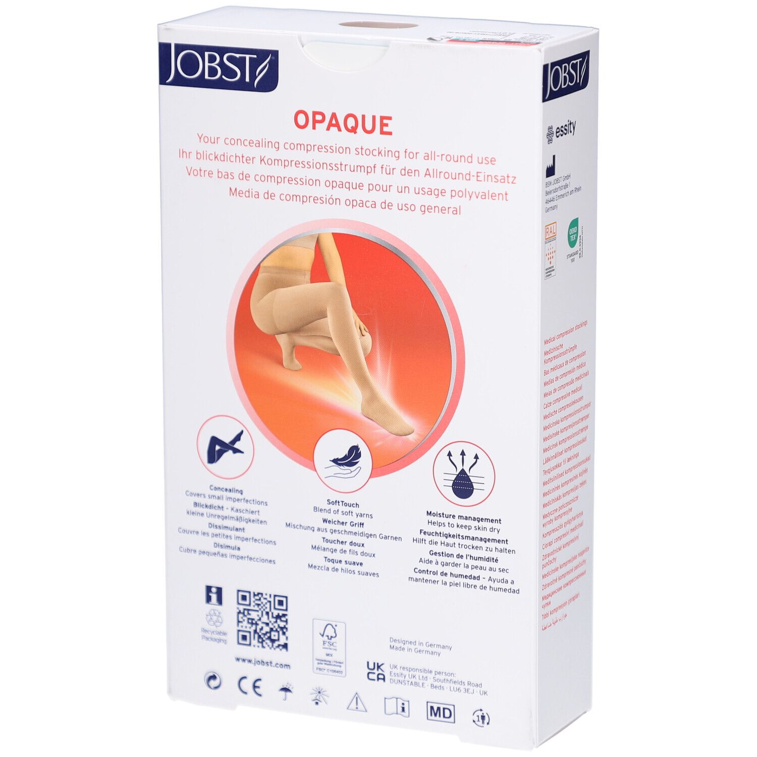 Rückseite der Verpackung von JOBST Opaque Kompressionsstrumpfhose. Text: Opaque, All-Round. Abbildungen von Merkmalen und Logos.