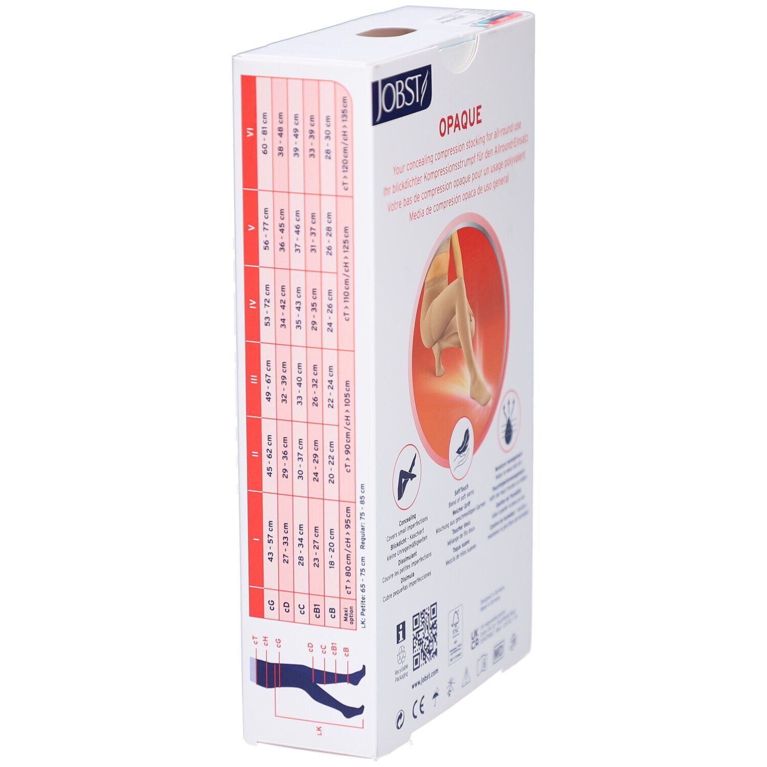 Seite der Verpackung von JOBST Opaque Kompressionsstrumpfhose. Größentabelle und Produktinformationen. Text: Opaque.
