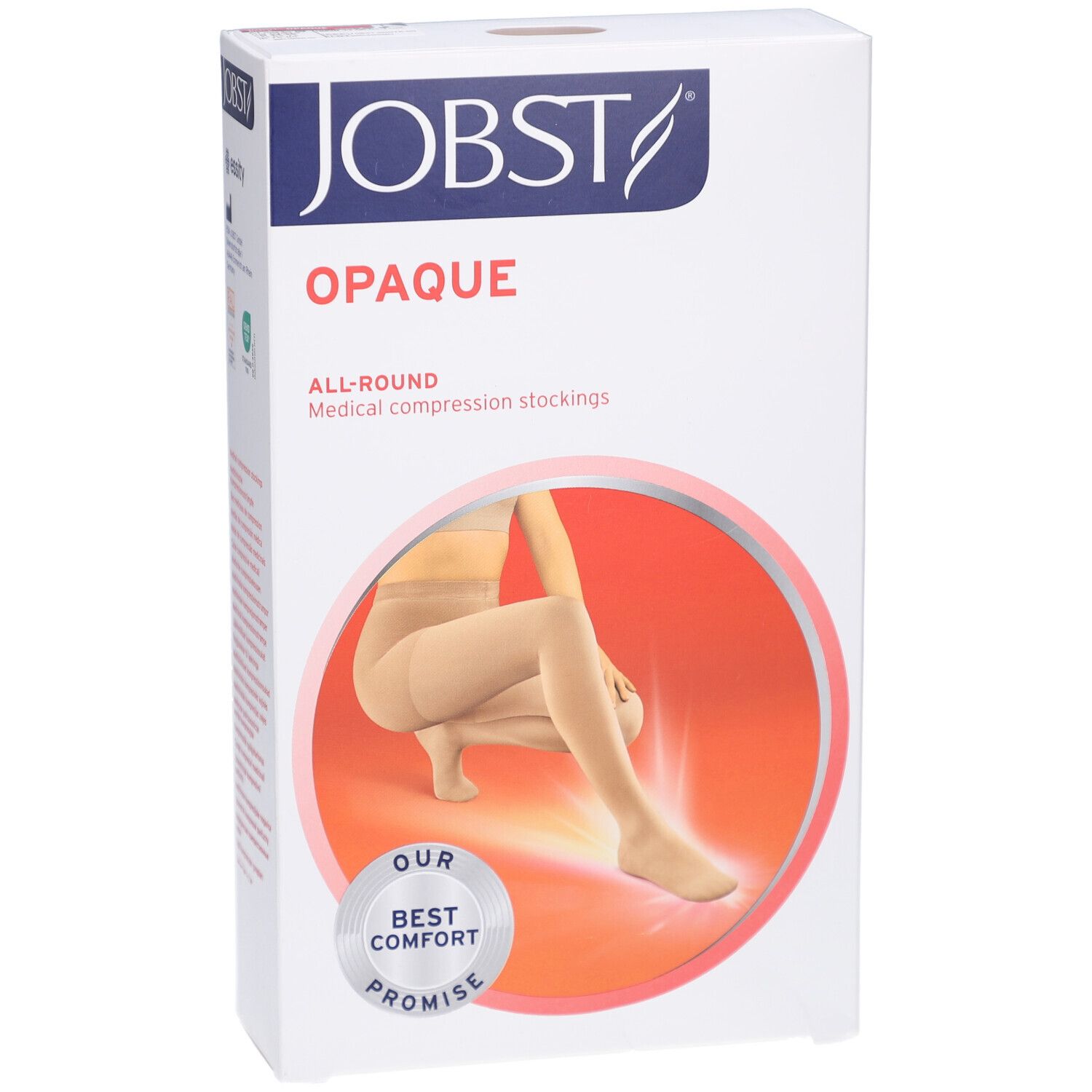 Verpackung von JOBST Opaque Kompressionsstrumpfhose. Weißer Karton mit Produktabbildung und Logo. Aufschrift: Opaque, All-Round.