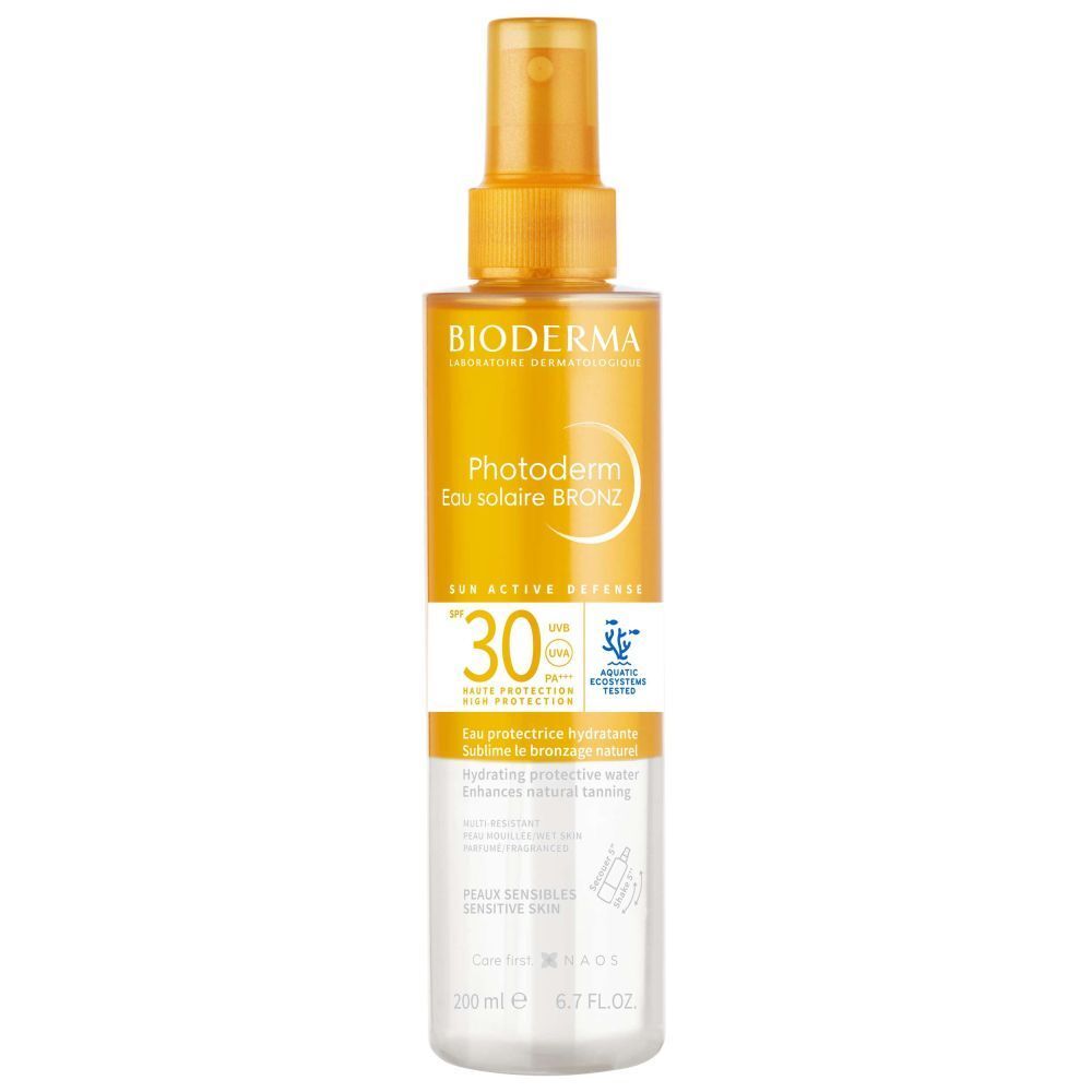 BIODERMA Photoderm Eau solaire Bronz SPF30. Flacon spray, jaune-transparent. SPF 30, protection solaire. Peaux sensibles.