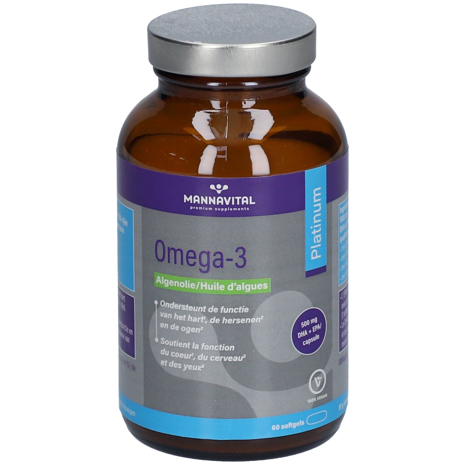 Bruine glazen fles met zilveren deksel. Etiket met productnaam Omega-3 en merk MANNAVITAL. 60 capsules.