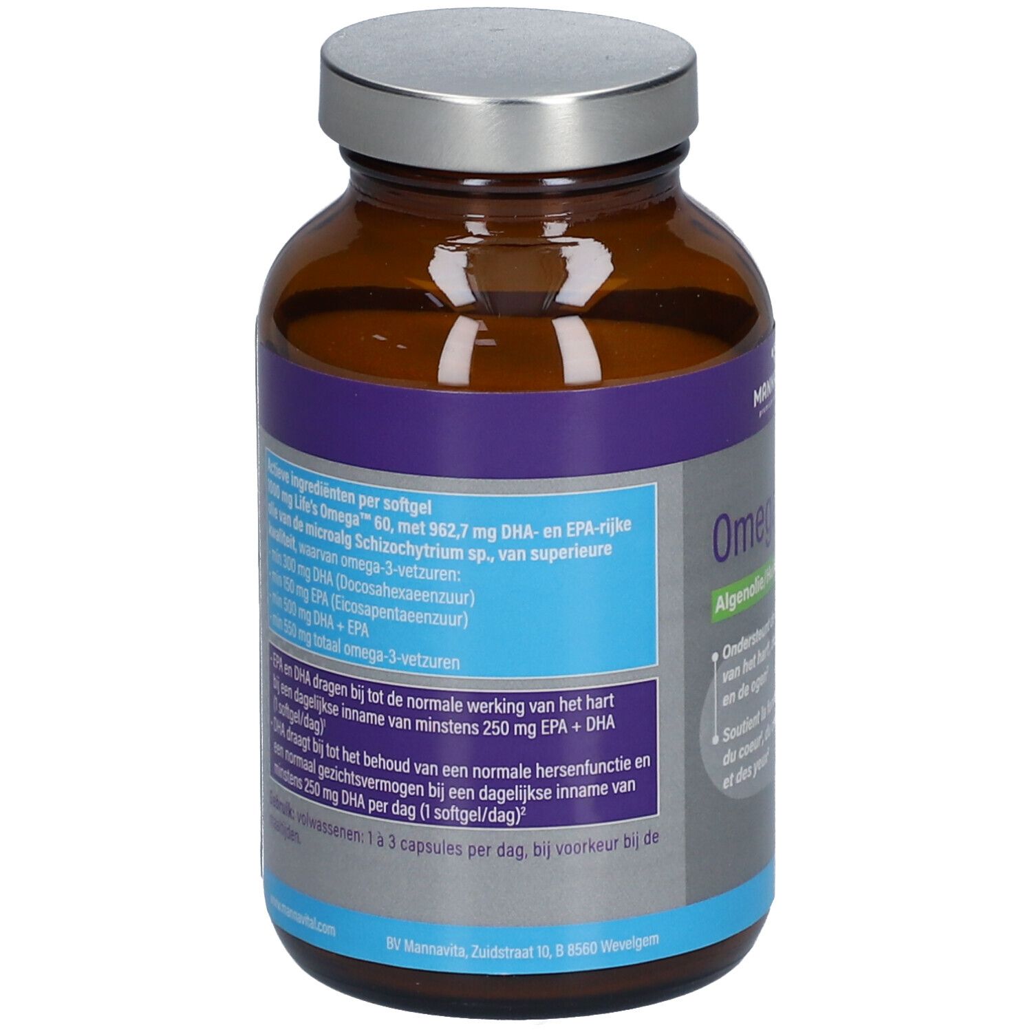 Achterkant van de bruine glazen fles. Etiket met productinformatie en ingrediënten. Merk MANNAVITAL.