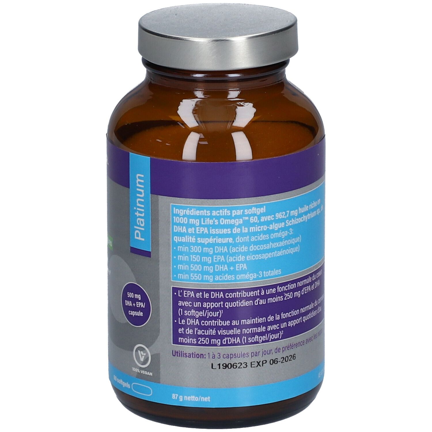 Achterkant van de bruine glazen fles. Etiket met productinformatie en ingrediënten. Merk MANNAVITAL.