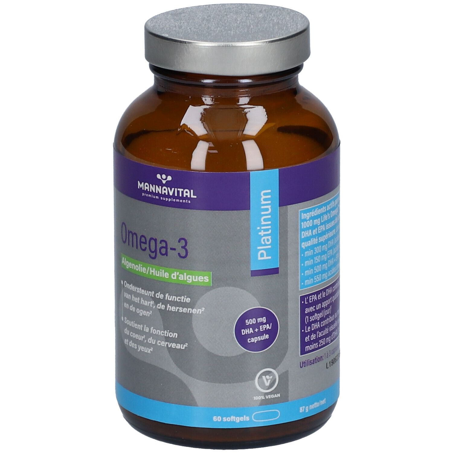 Bruine glazen fles met zilveren deksel. Etiket met productnaam Omega-3 en merk MANNAVITAL. 60 capsules.