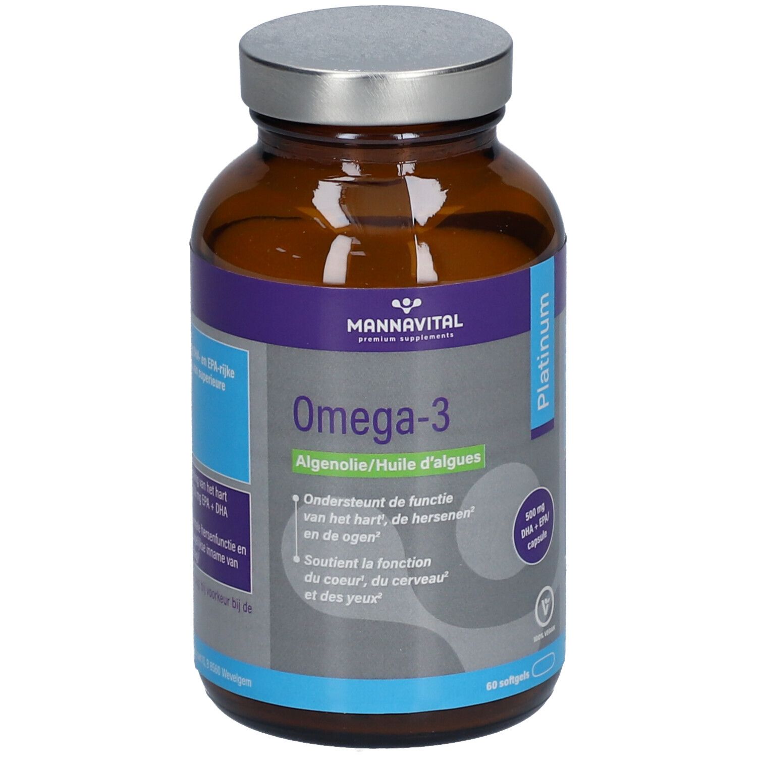 Bruine glazen fles met zilveren deksel. Etiket met productnaam Omega-3 en merk MANNAVITAL. 60 capsules.