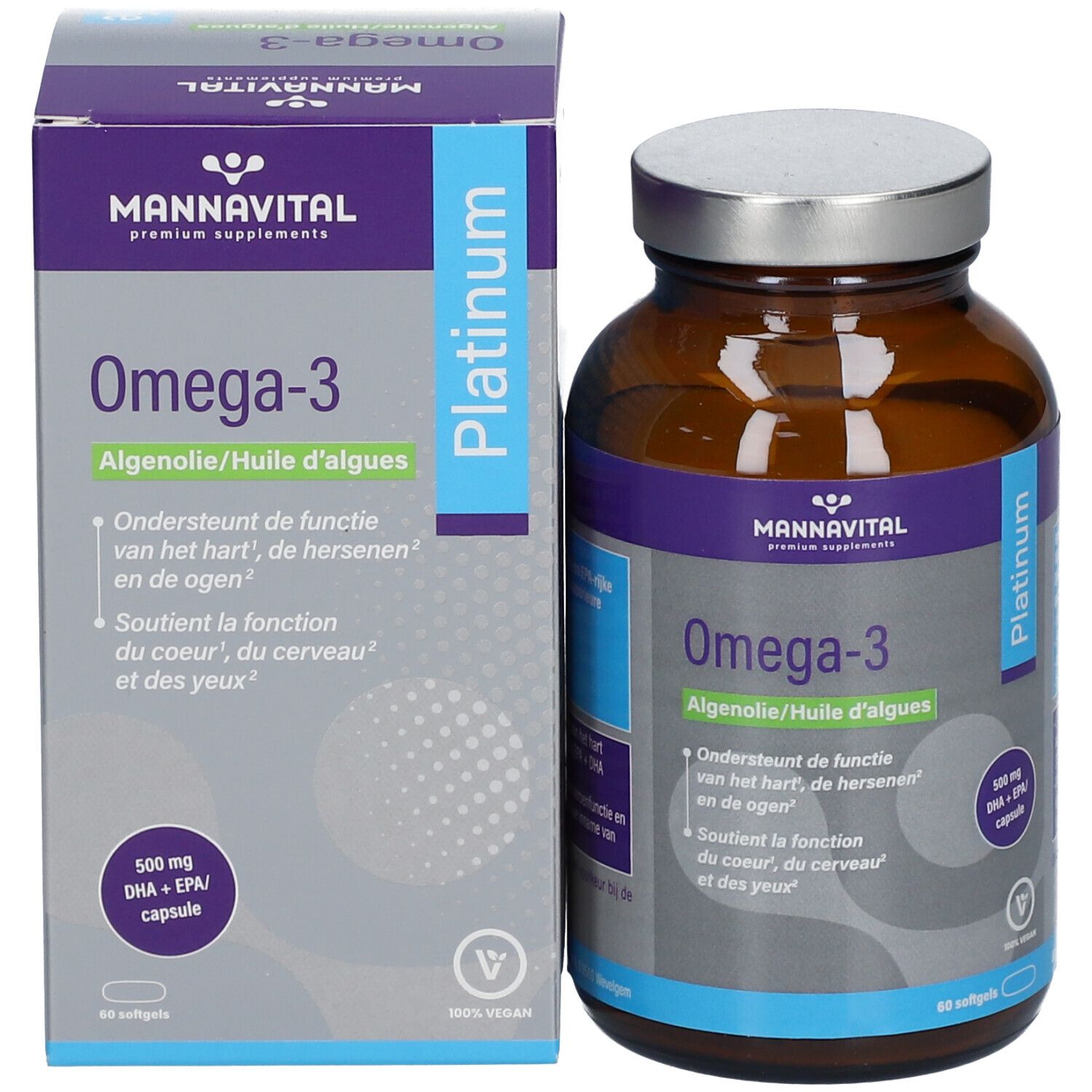 Product en verpakking. Bruine glazen fles en doos. Merk MANNAVITAL. Productnaam Omega-3. 60 capsules.