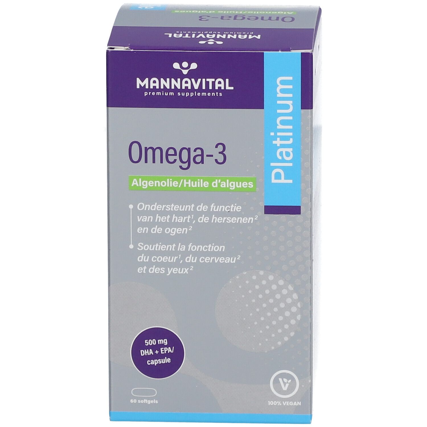 Kartonnen verpakking. Merk MANNAVITAL. Productnaam Omega-3. 60 capsules. Vegan zegel.