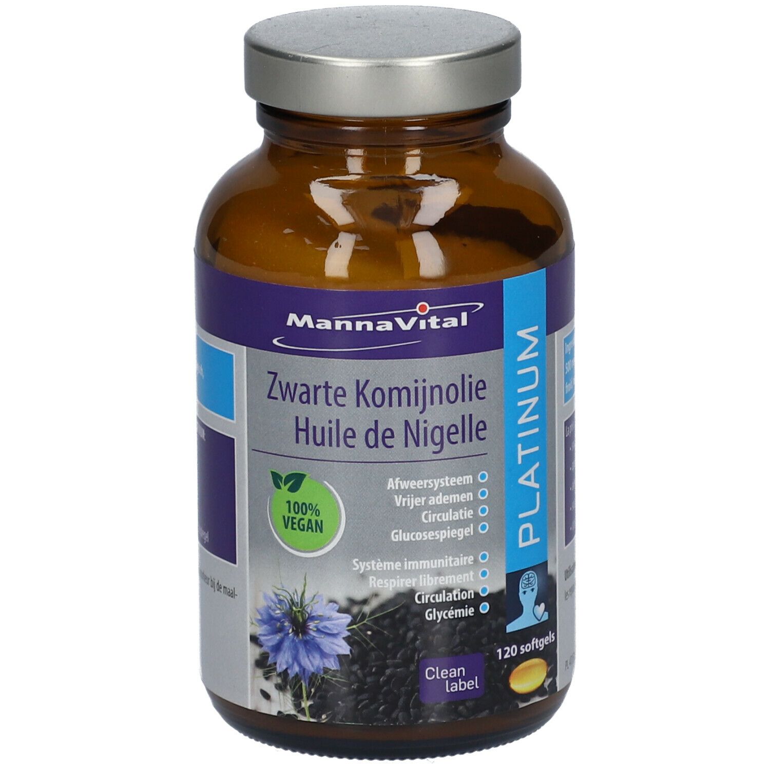 Bruine glazen fles met zilveren dop. Etiket met productinformatie. 120 softgels. Vegan.