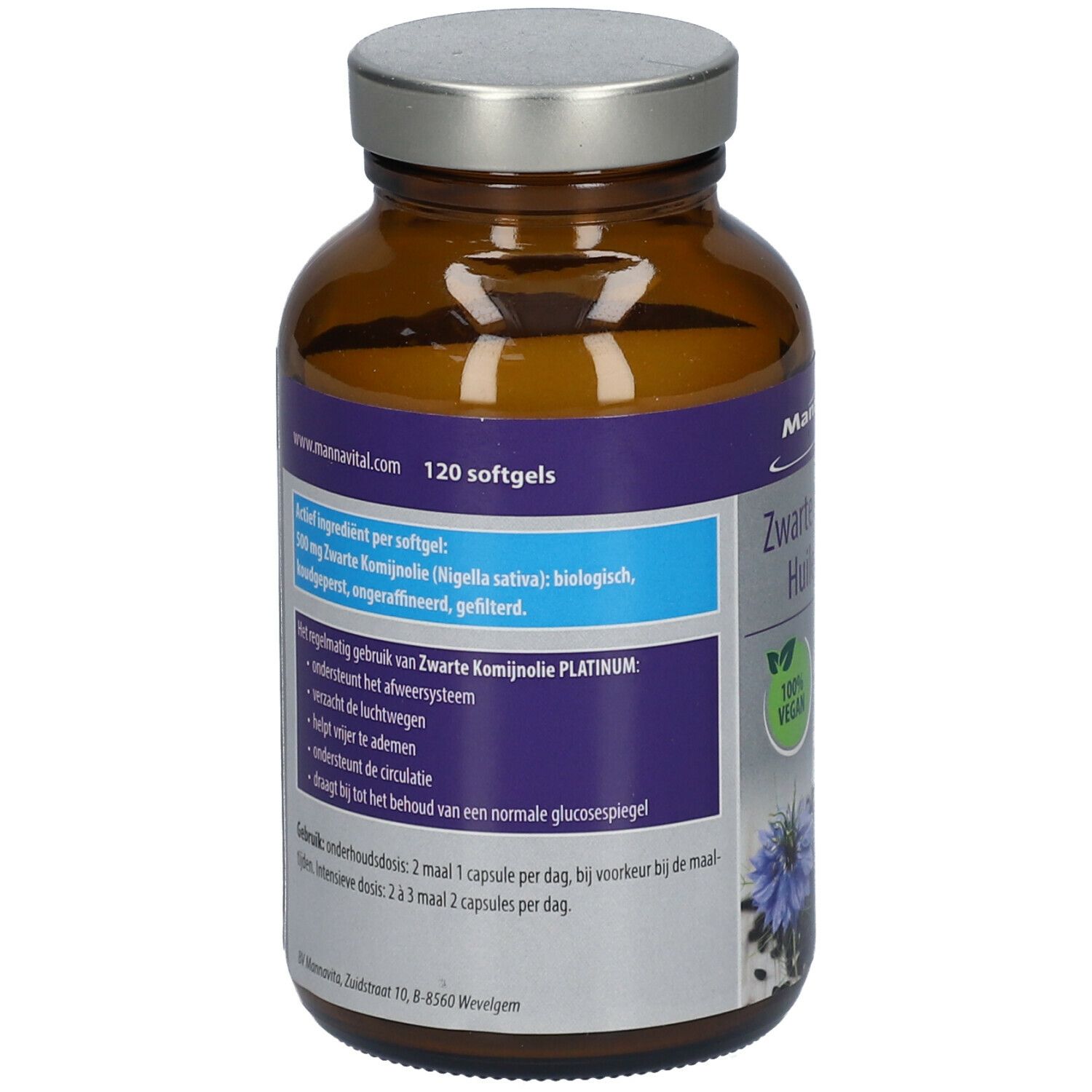 Achterkant van de fles. Productinformatie, ingrediënten, dosering. 120 softgels. Vegan.