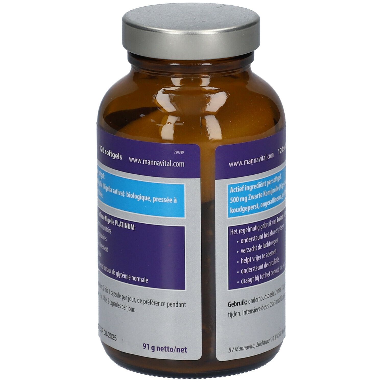 Achterkant van de fles. Productinformatie, ingrediënten, dosering. 91 g netto. 120 softgels. Vegan.