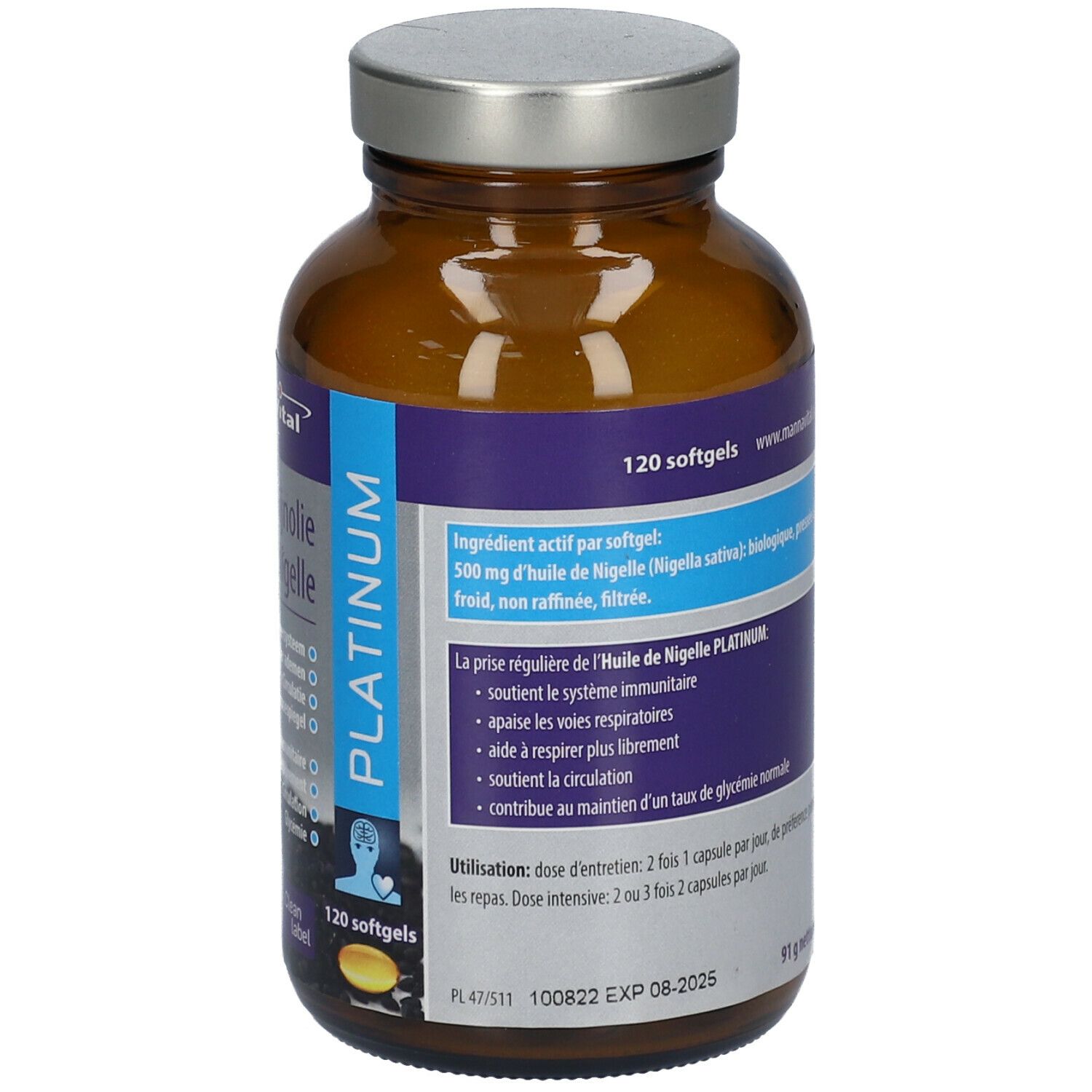 Achterkant van de fles. Productinformatie, ingrediënten, dosering. 120 softgels. Vegan.