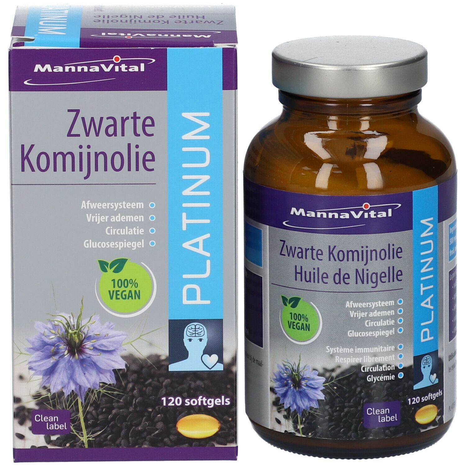 Productfles en verpakking. Bruine fles en witte doos. 120 softgels. Vegan.