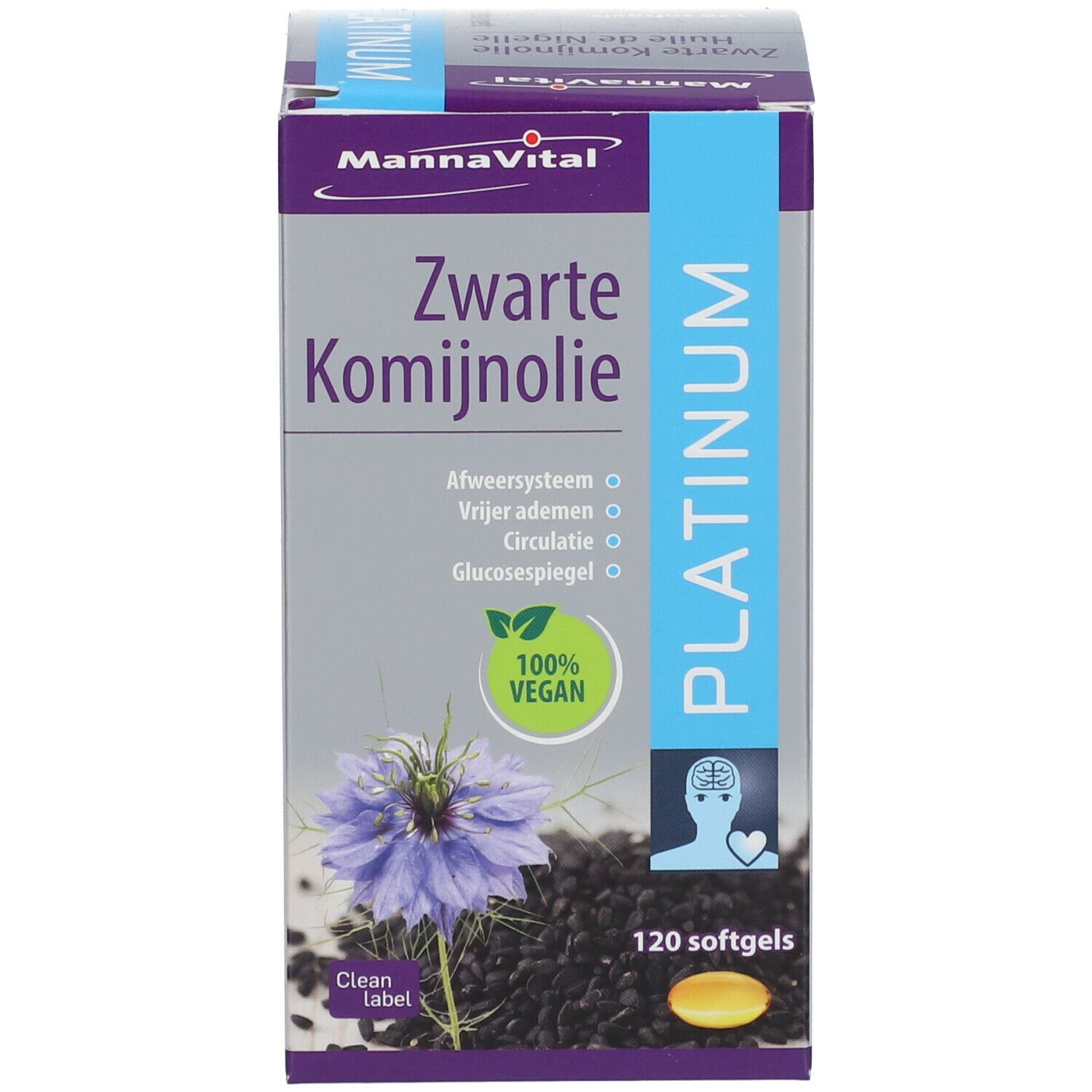 Witte doos met productinformatie. 120 softgels. Vegan.