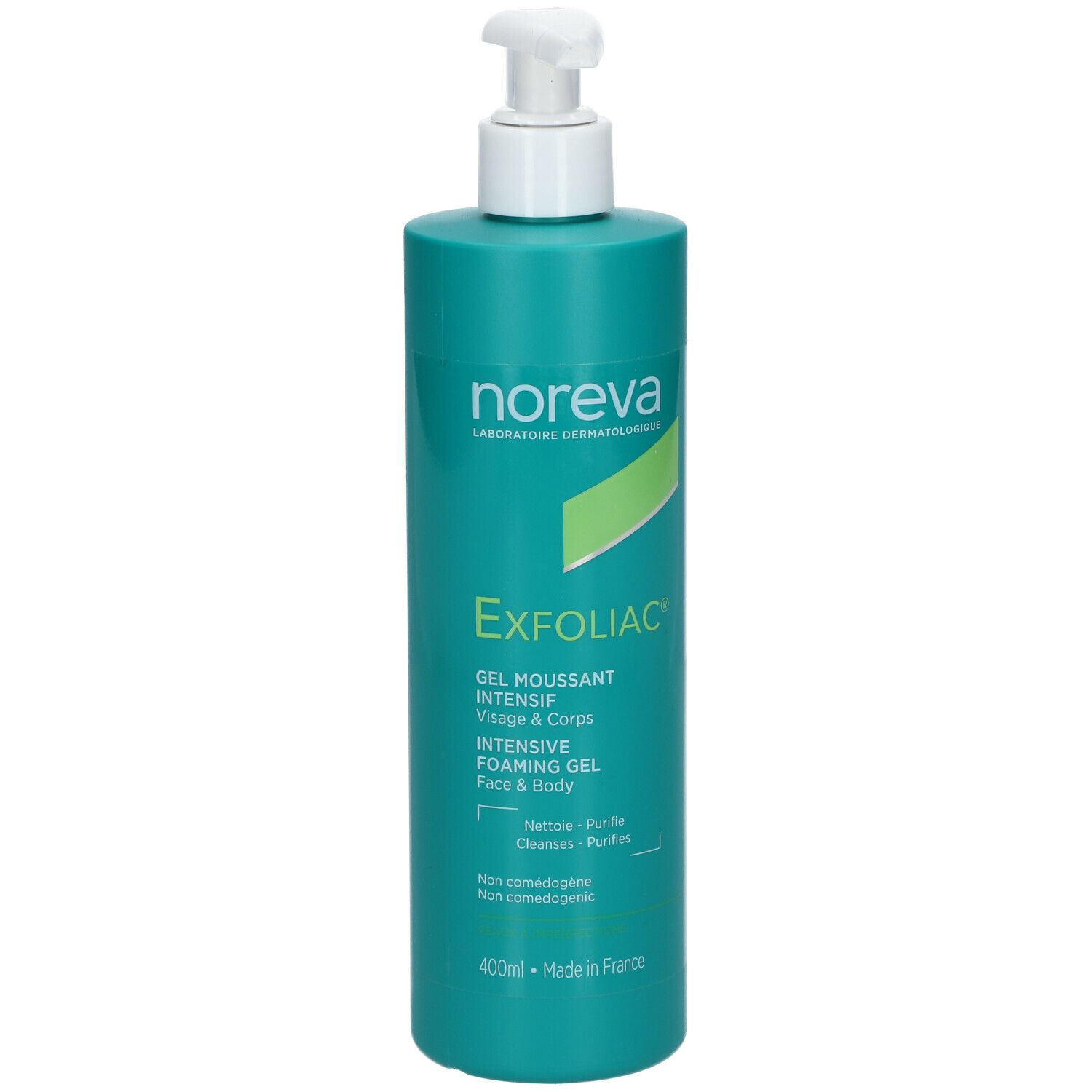 Türkisfarbene Flasche mit weißem Pumpkopf. Aufschrift: Noreva, Exfoliac, Gel Moussant Intensif, Face & Body. Made in France.