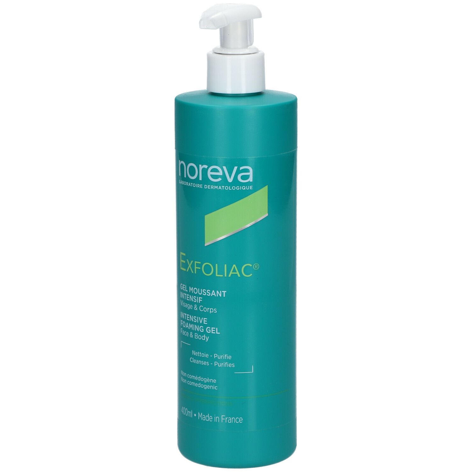 Türkisfarbene Flasche mit weißem Pumpkopf. Aufschrift: Noreva, Exfoliac, Gel Moussant Intensif, Face & Body. Made in France.