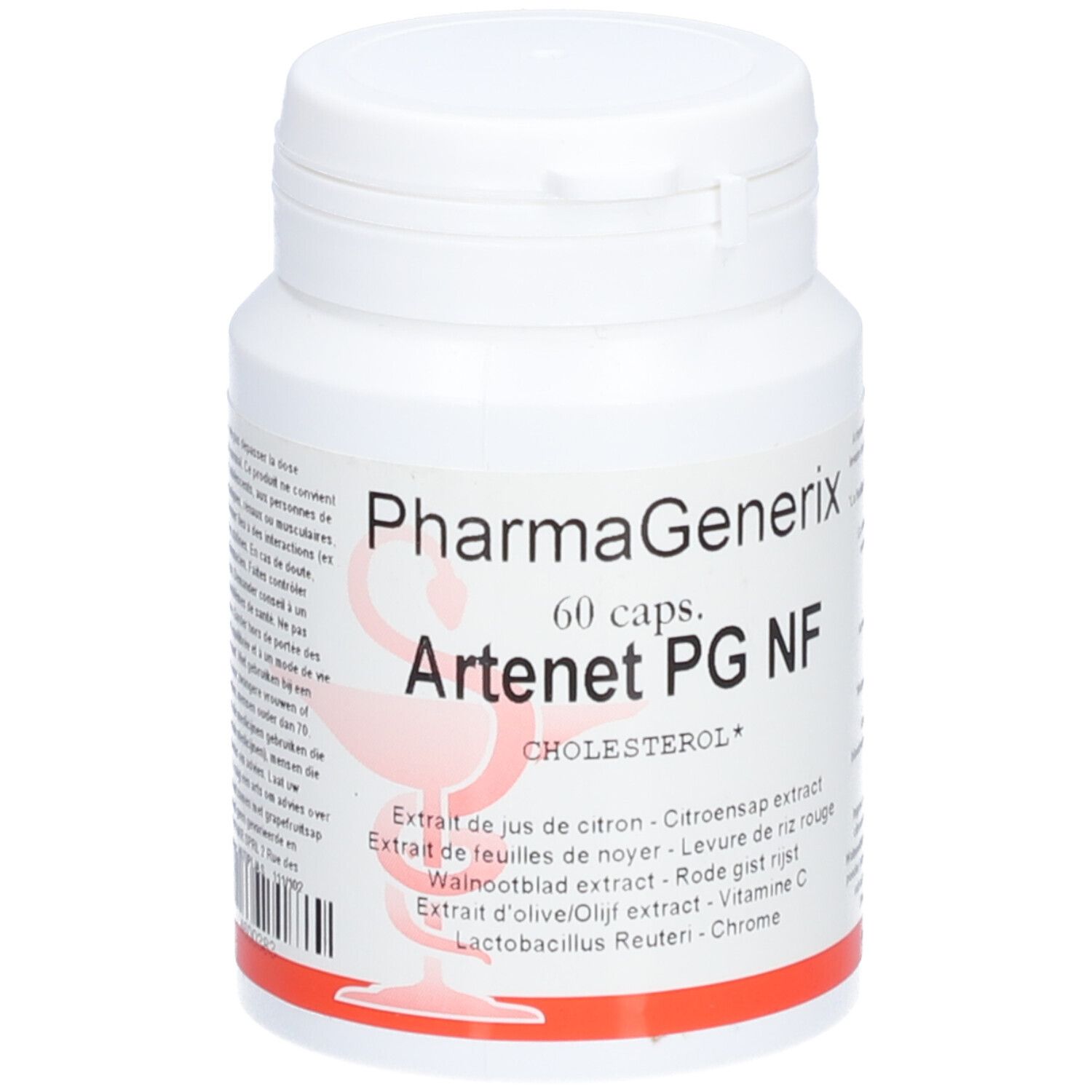 Weiße Tablettenflasche mit Schraubverschluss. Aufschrift: PharmaGenerix Artenet PG NF, 60 Kapseln. Zutatenliste.