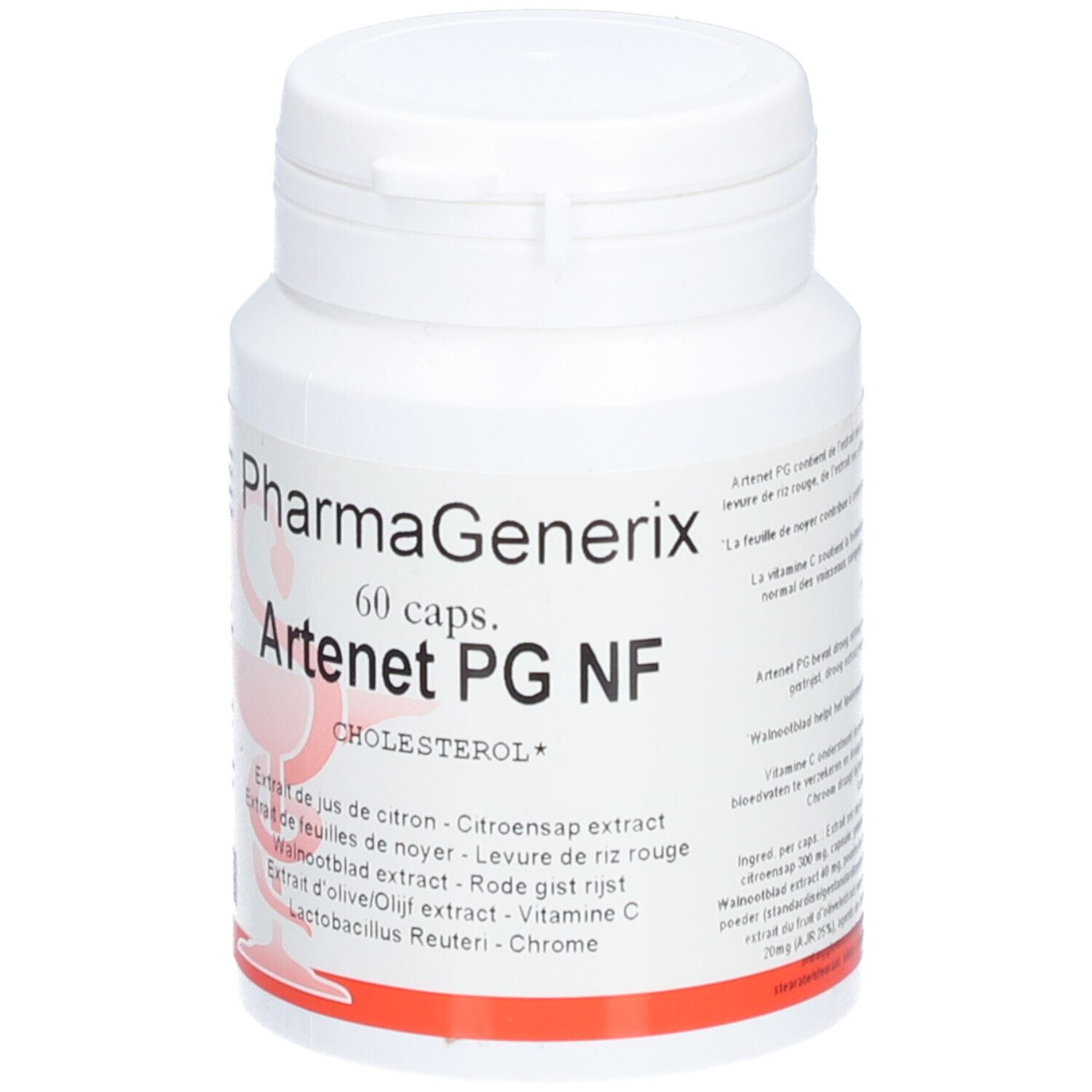 Weiße Tablettenflasche mit Schraubverschluss. Aufschrift: PharmaGenerix Artenet PG NF, 60 Kapseln. Zutatenliste.