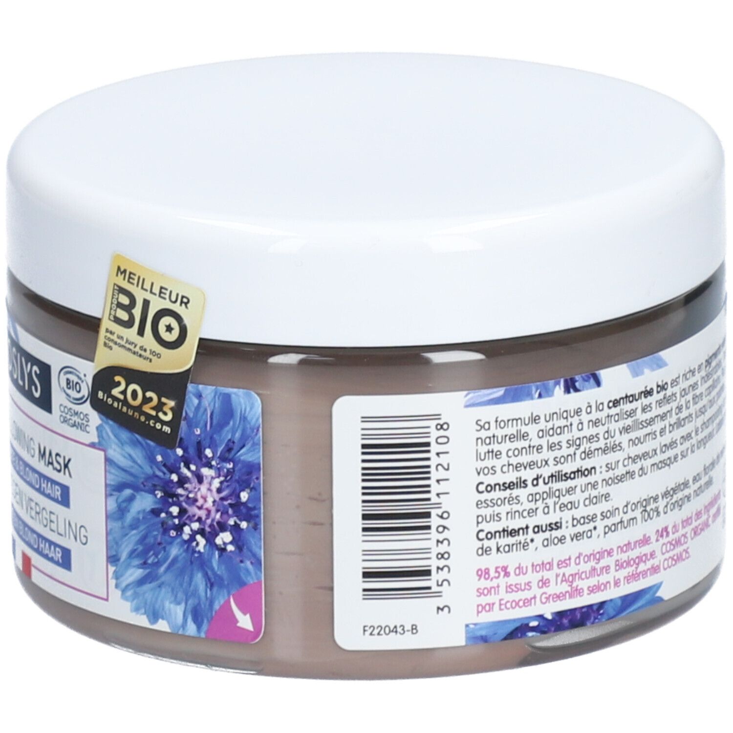 Pot rond avec couvercle blanc. Inscription: Coslys Masque Anti-Jaunissement. Label bio. Texte en français.