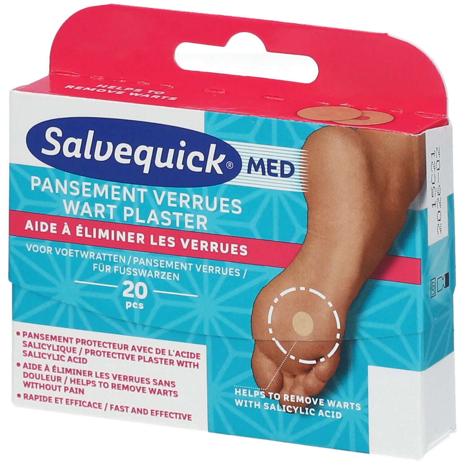 Boîte de pansements Salvequick® MED pour verrues. Montre un pied avec un pansement. 20 pièces. Aide à éliminer les verrues avec de l'acide salicylique.