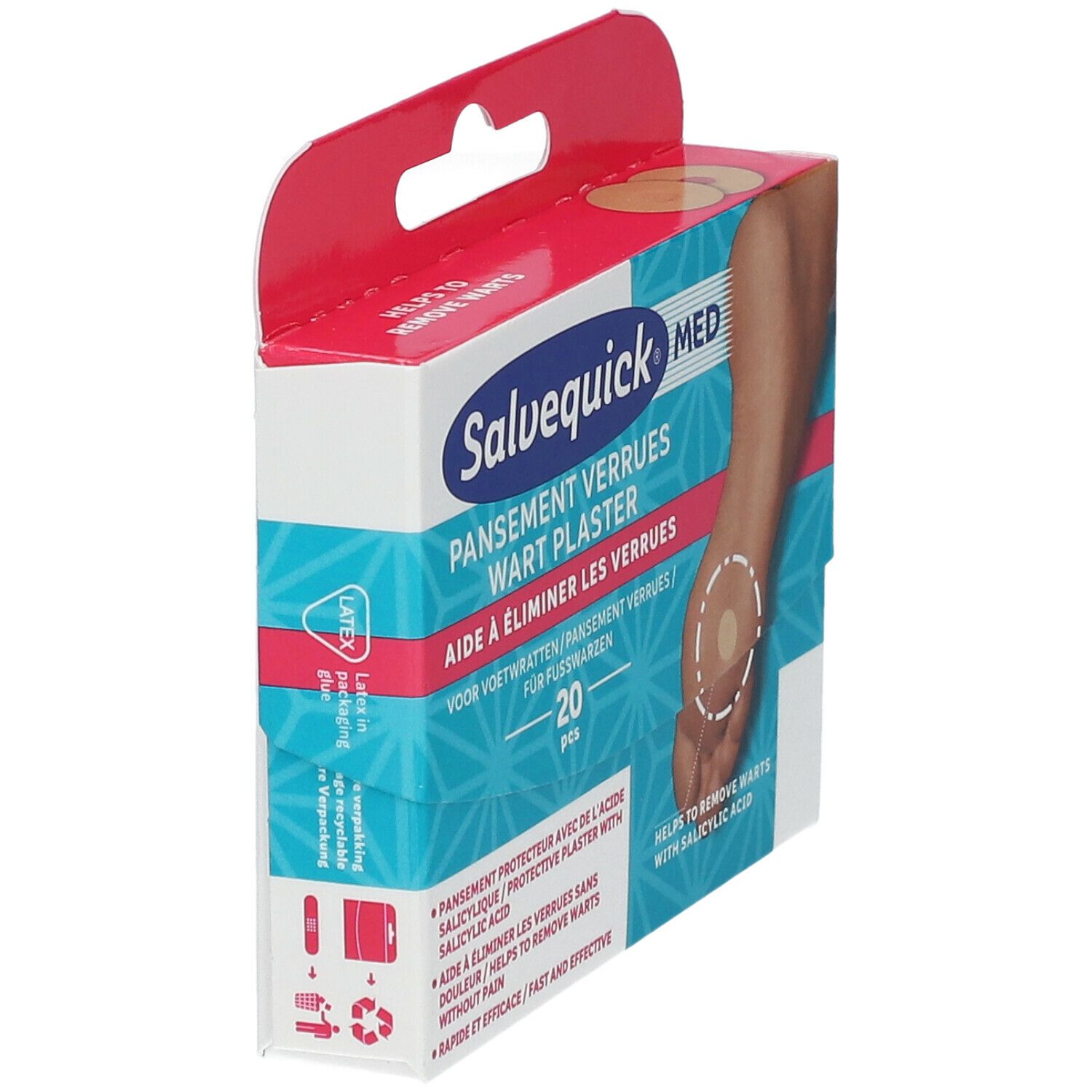 Boîte de pansements Salvequick® MED pour verrues. Vue latérale. 20 pièces. Aide à éliminer les verrues avec de l'acide salicylique. Sans latex.