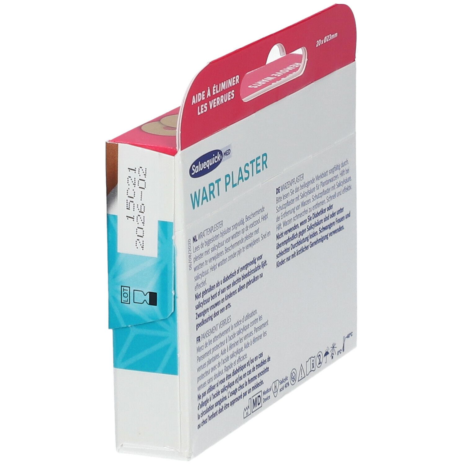Boîte de pansements Salvequick® MED pour verrues. Vue latérale. Contient des informations sur l'utilisation et les ingrédients. 20x23mm.